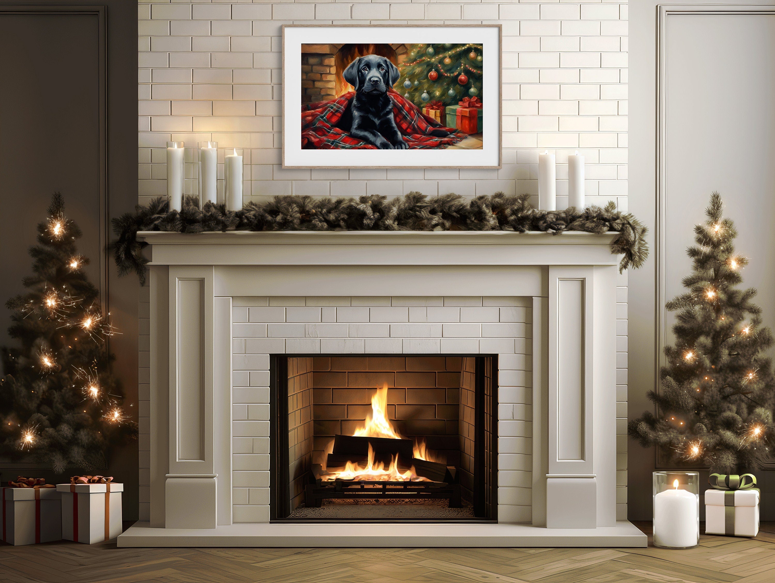 Digital download of a festive Black Lab puppy print