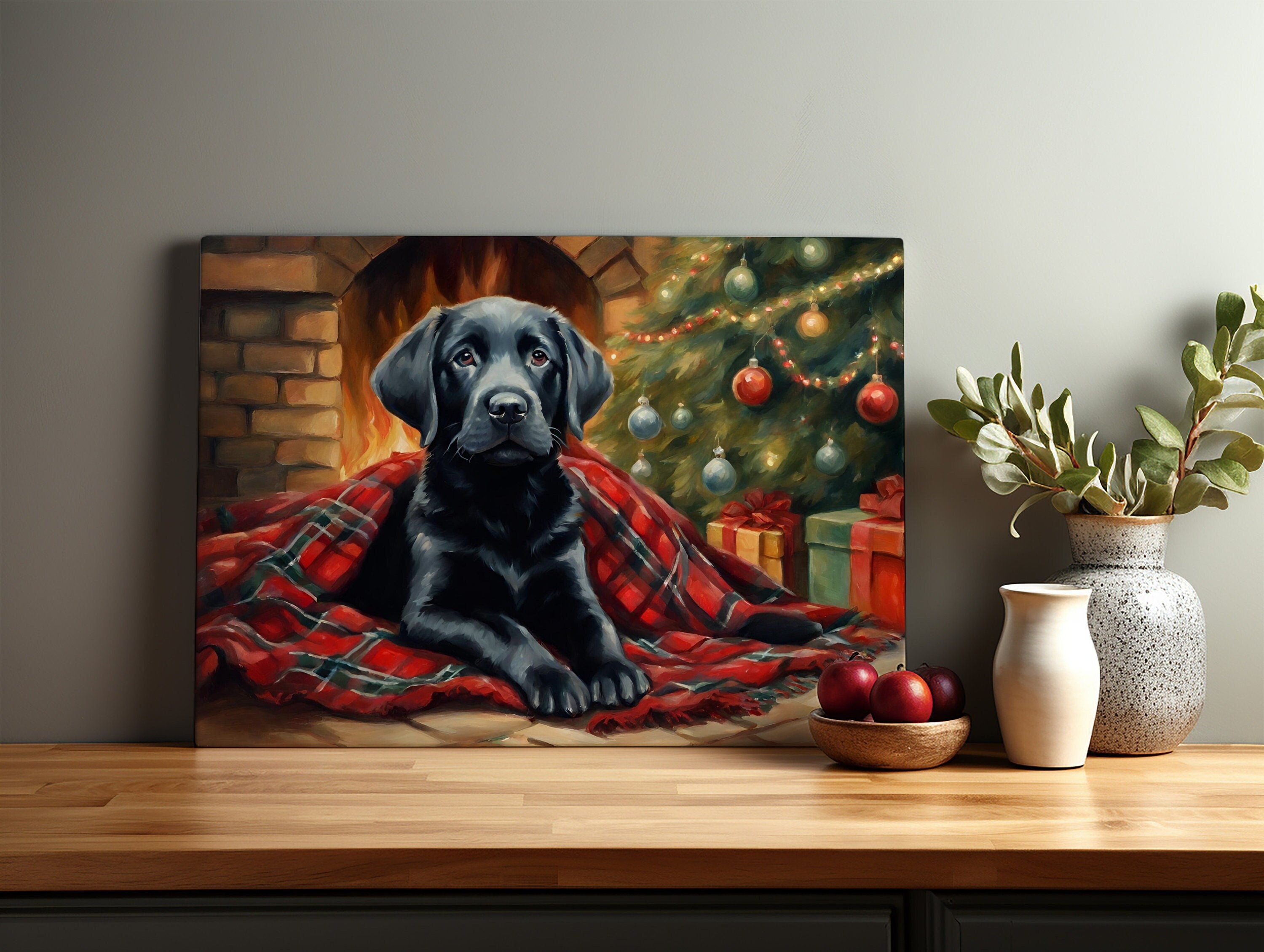 Vintage Christmas Black Lab with Santa hat and scarf print