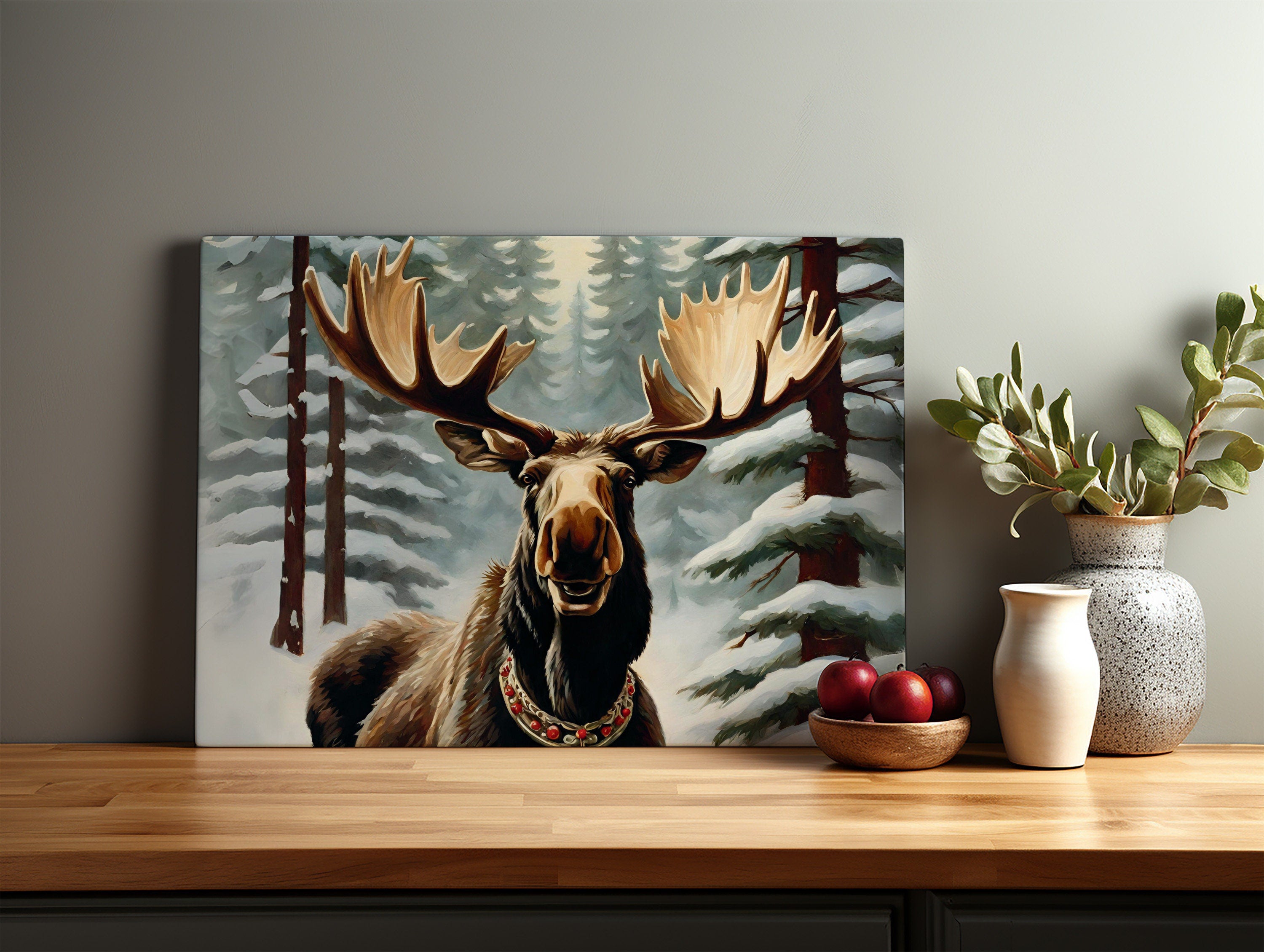 Christmas Moose Print, Christmas Wall Art, Printable Wall Art, Vintage Christmas Artwork, Vintage Prints, Downloadable Print, Winter Art, Digital Art, Snow, Downloadable Artwork, INSTANT DOWNLOAD, Many Sizes, Highest Quality Digital Wall Art