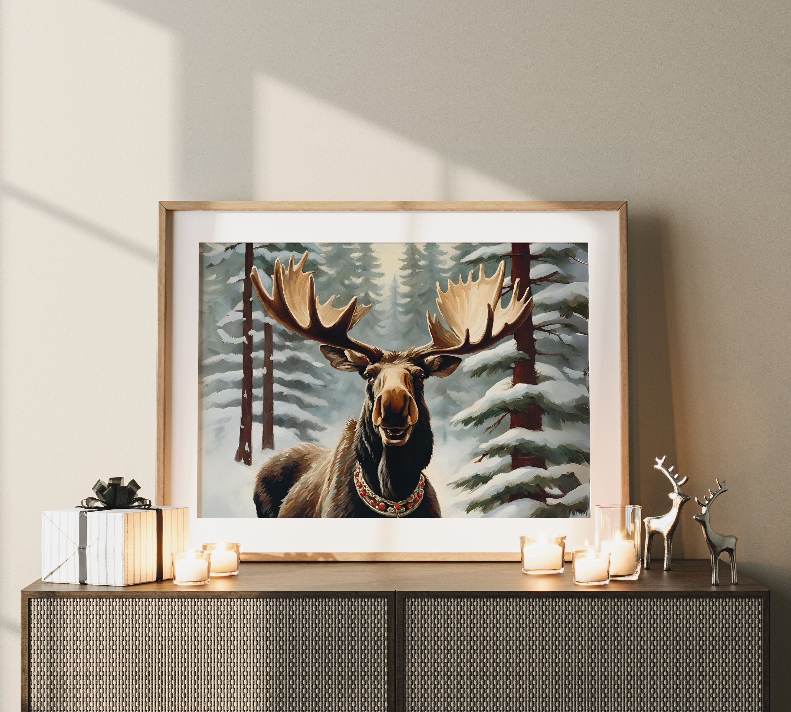 High-quality digital download of vintage moose wall art for Christmas