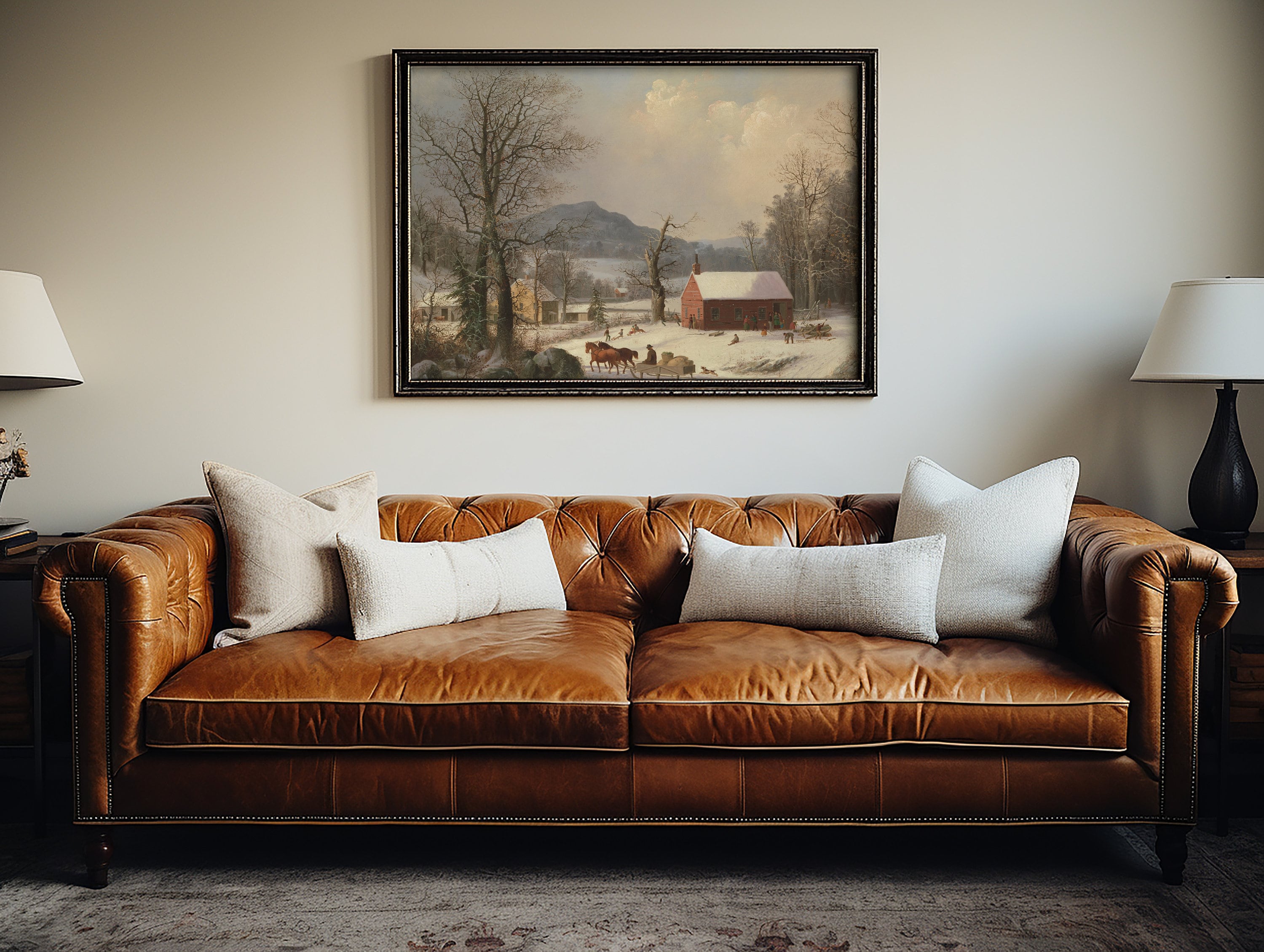 Vintage winter landscape canvas wall art with snow-covered trees and mountains in a tranquil setting