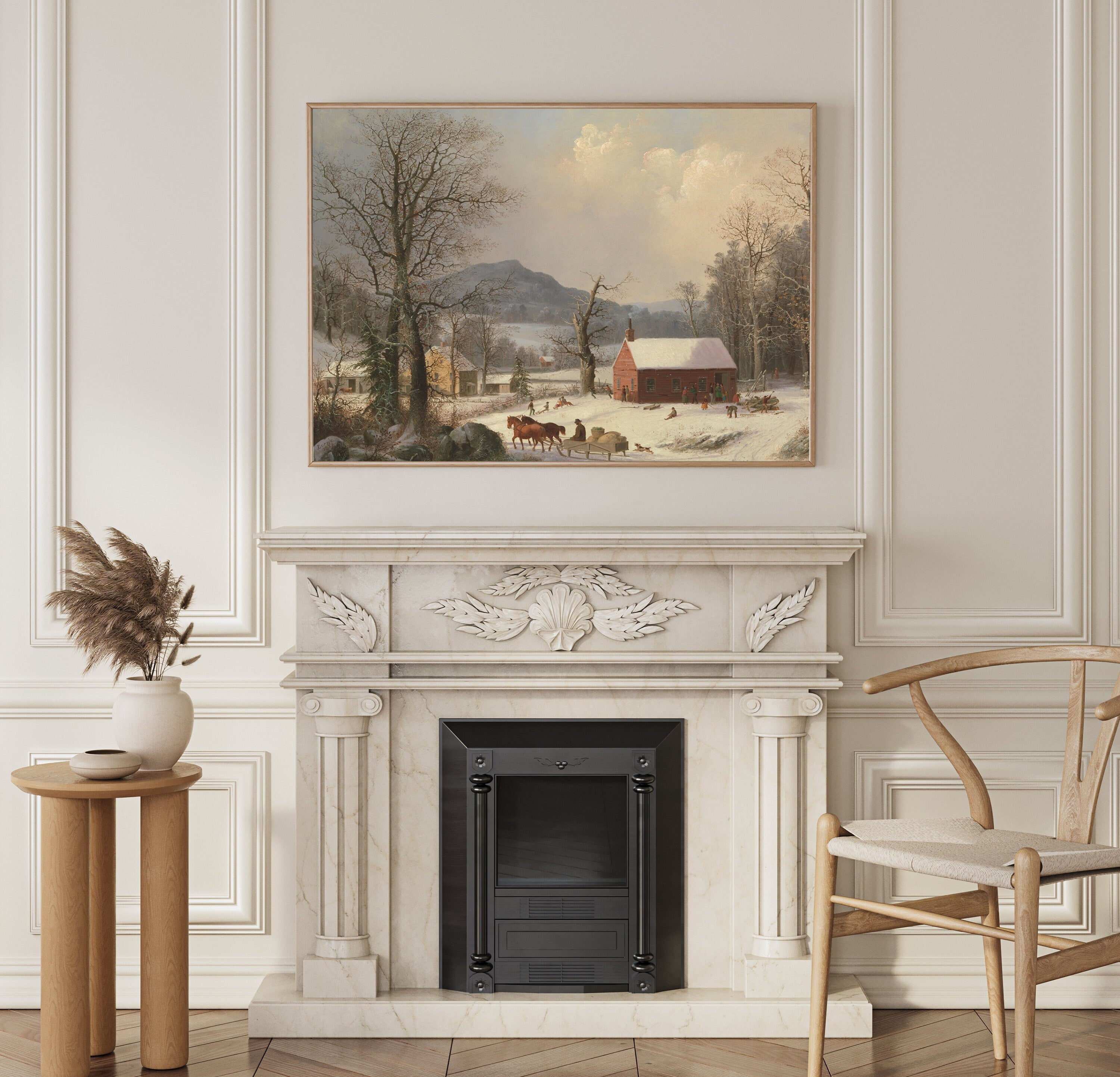 High quality winter scene printed canvas in frame with vintage snowy landscape