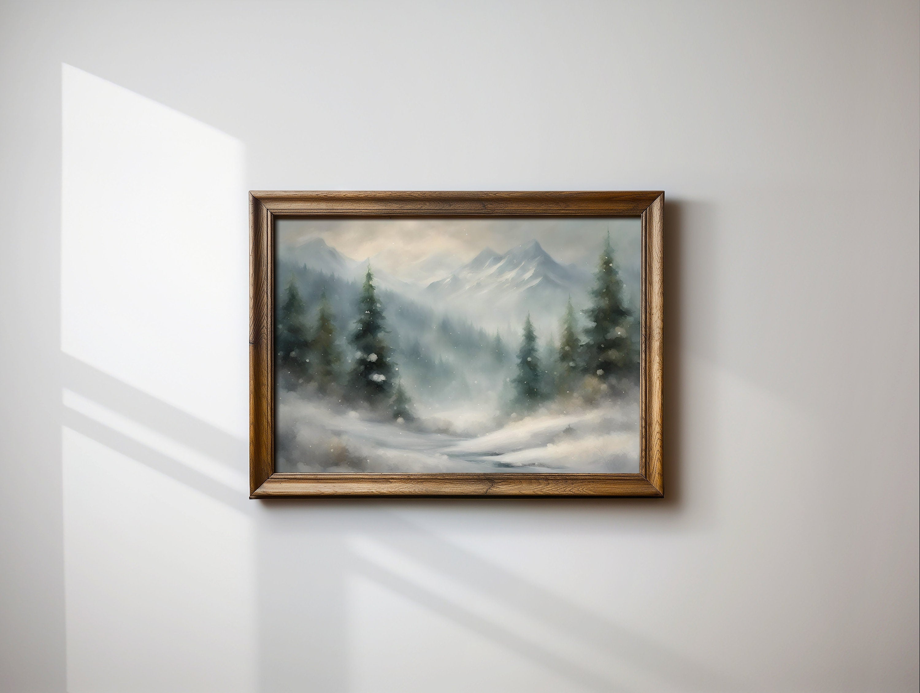 Beautiful vintage snowy pine tree wall art download for rustic home decor