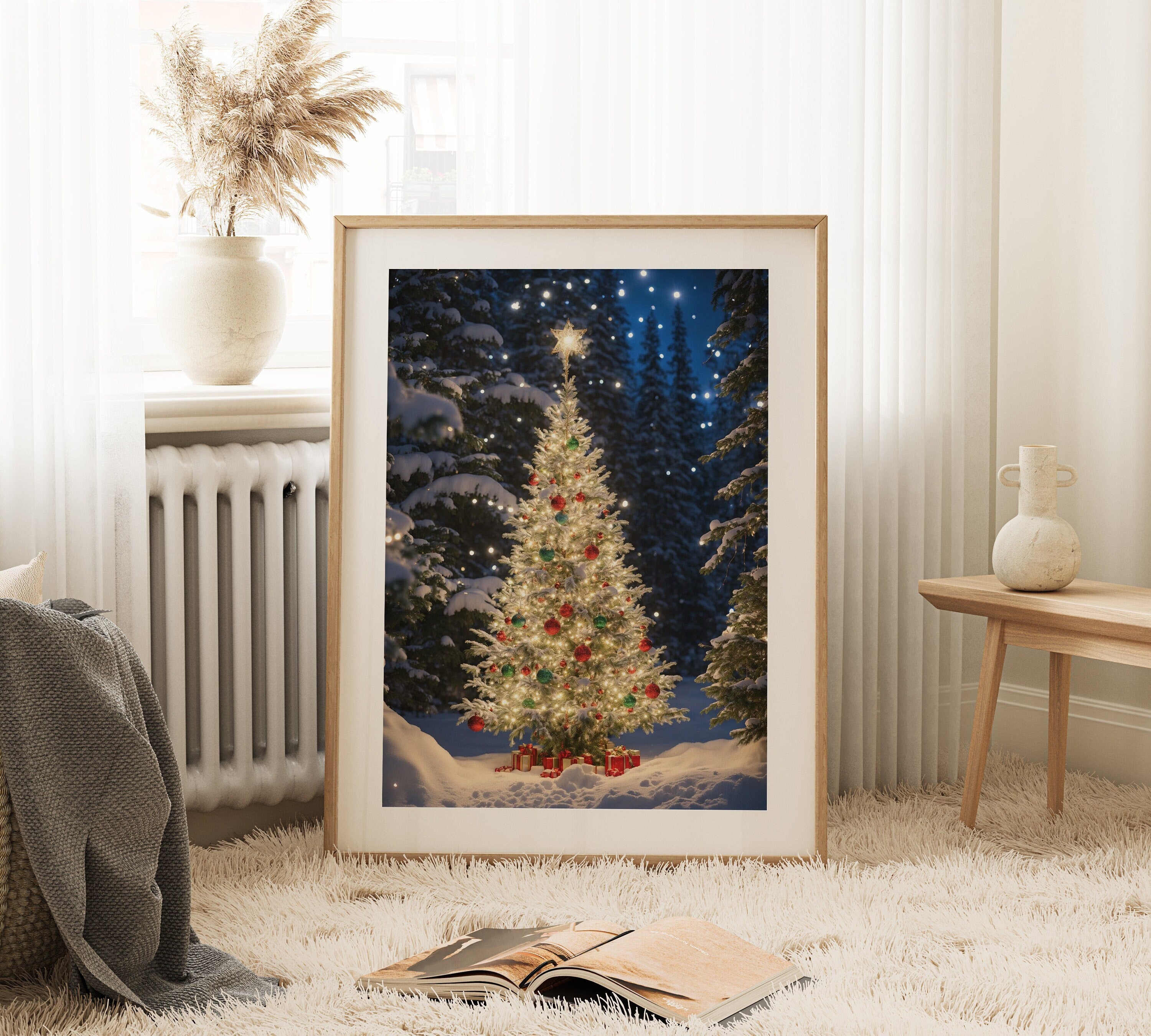 christmas tree art, christmas tree art print, holiday gallery wall, antique print, pine tree painting, vintage print set, art print collection, cottage painting, cottagecore decor, winter landscape, earth tone decor, forest painting, modern farmhouse