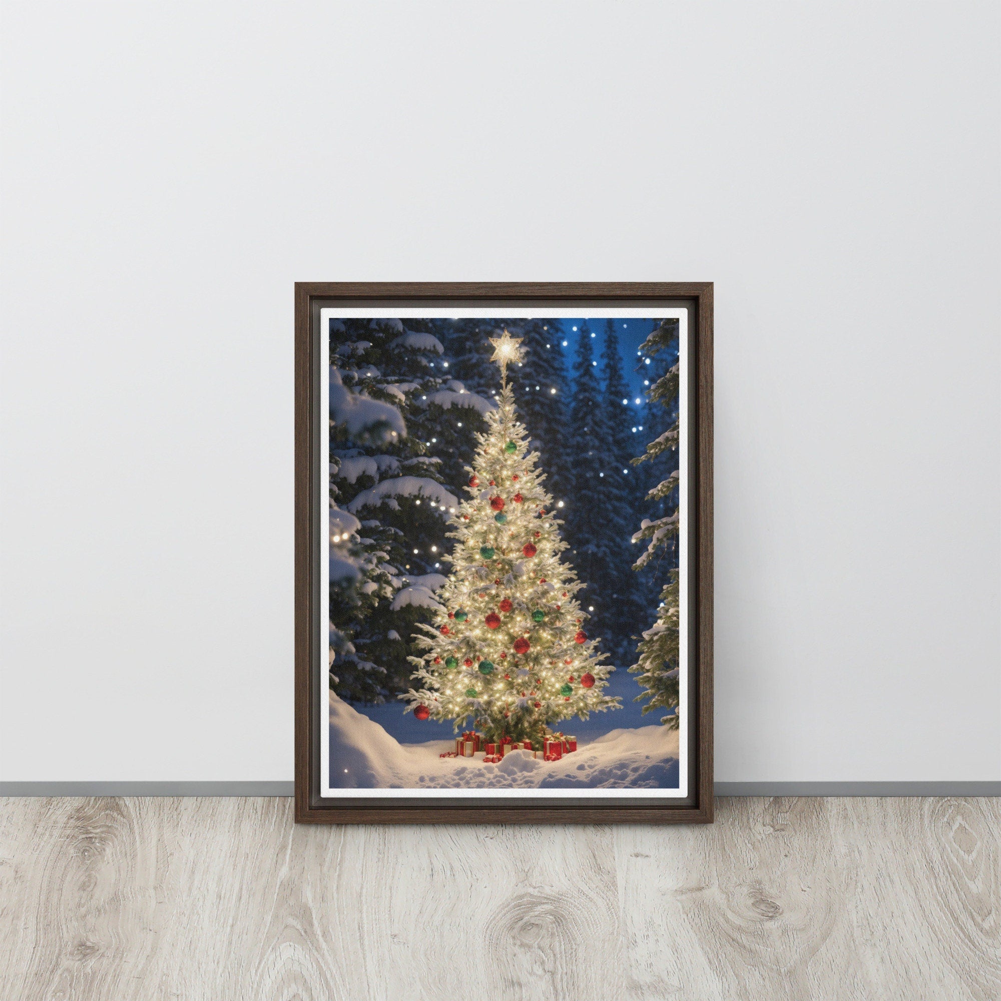 Framed Christmas Tree on Canvas with Snow-covered Pine Trees