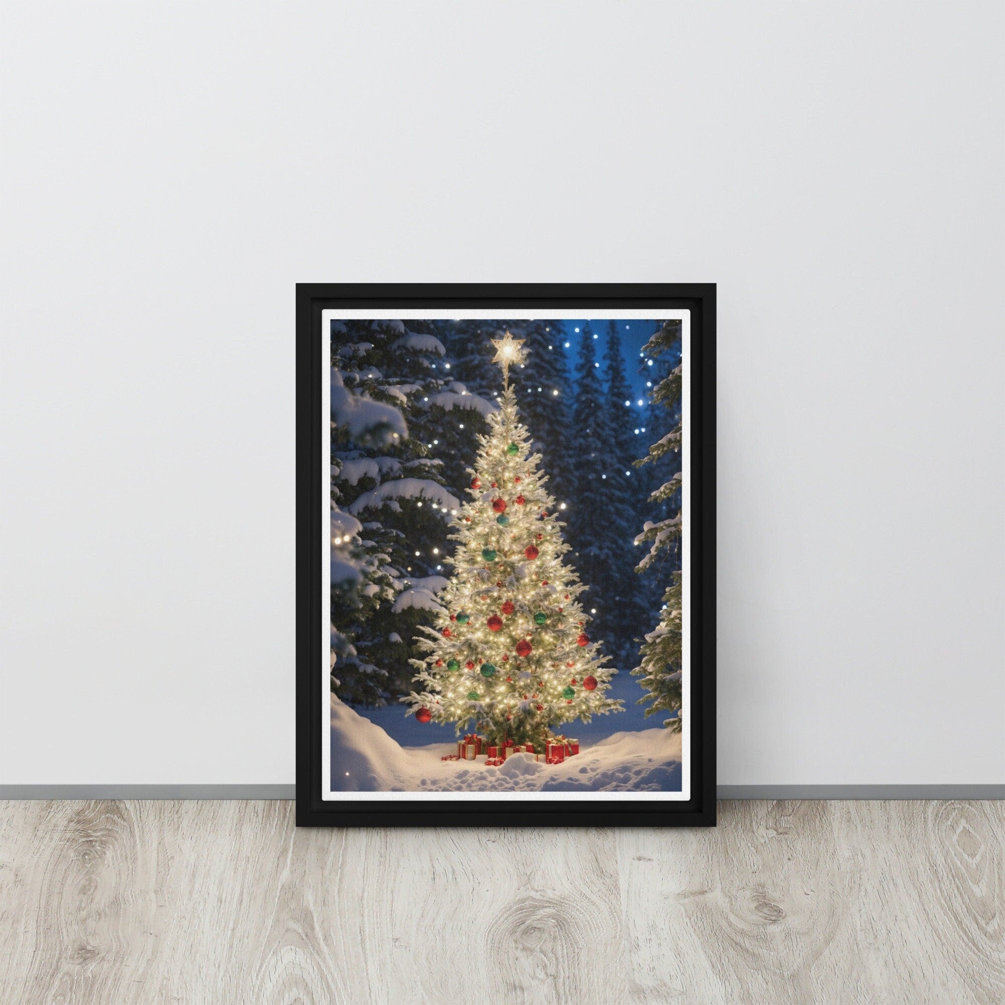 Framed Christmas Tree Winter Print on Canvas with Snowy Landscape