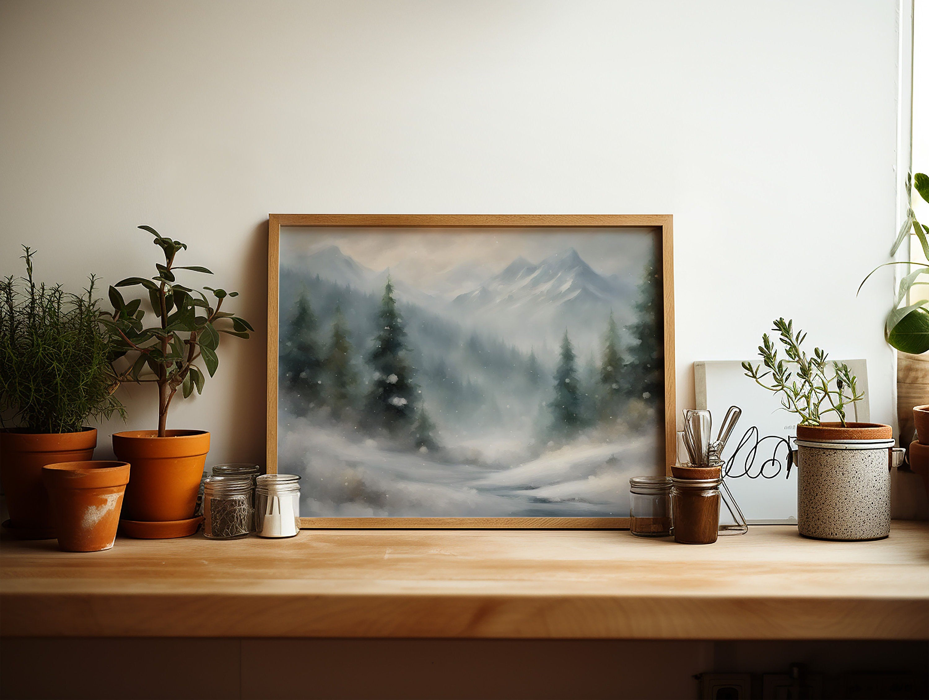 Digital art download of a snowy landscape with a pine tree for wall decor