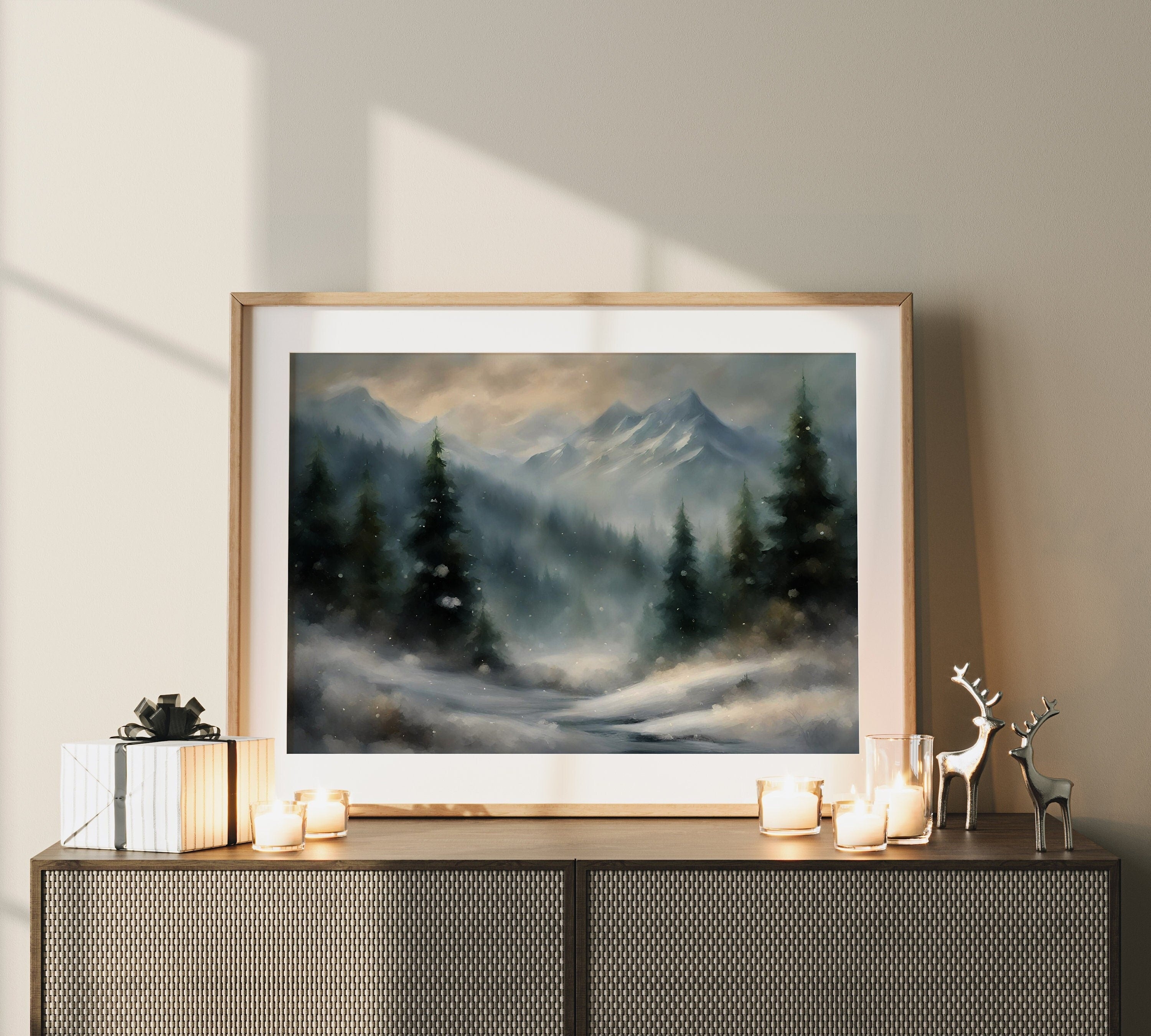 Beautiful winter wall art featuring a snowy landscape and pine tree