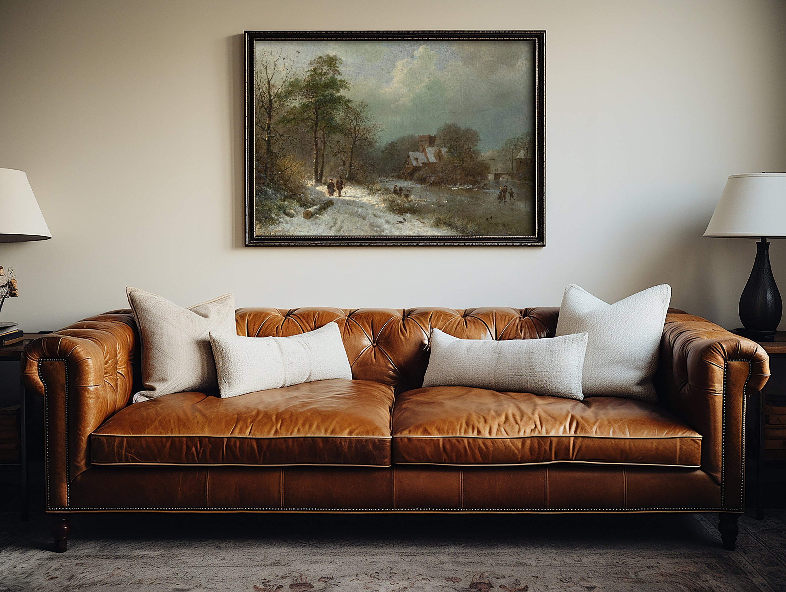 Printable wall art of a nostalgic winter scene with a rustic and vintage feel