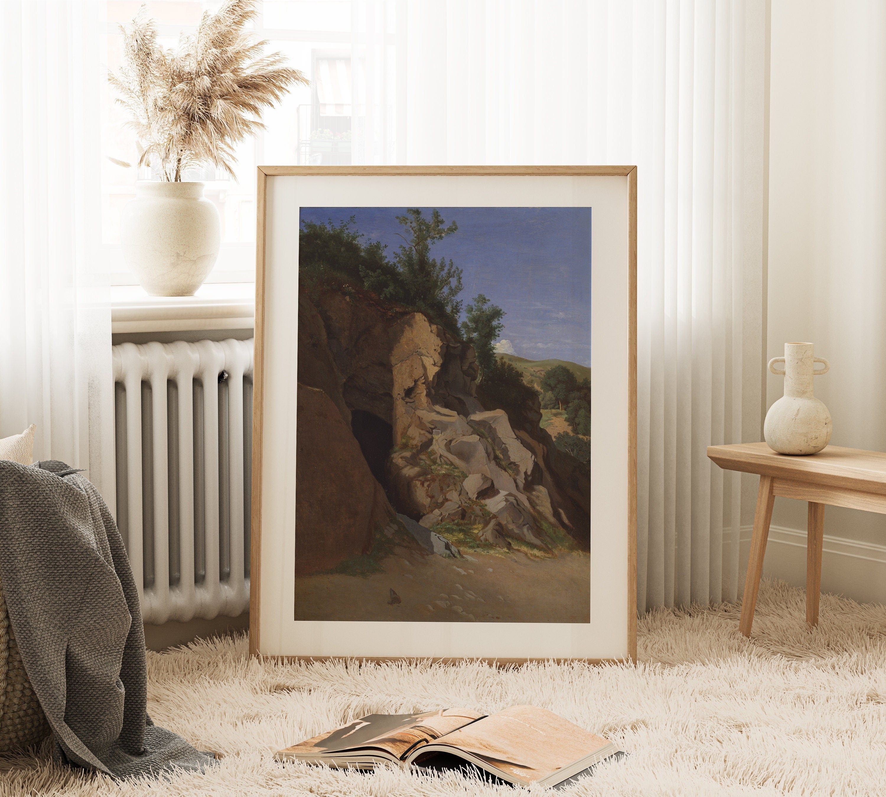 Vintage landscape cave wall art with intricate details and textures