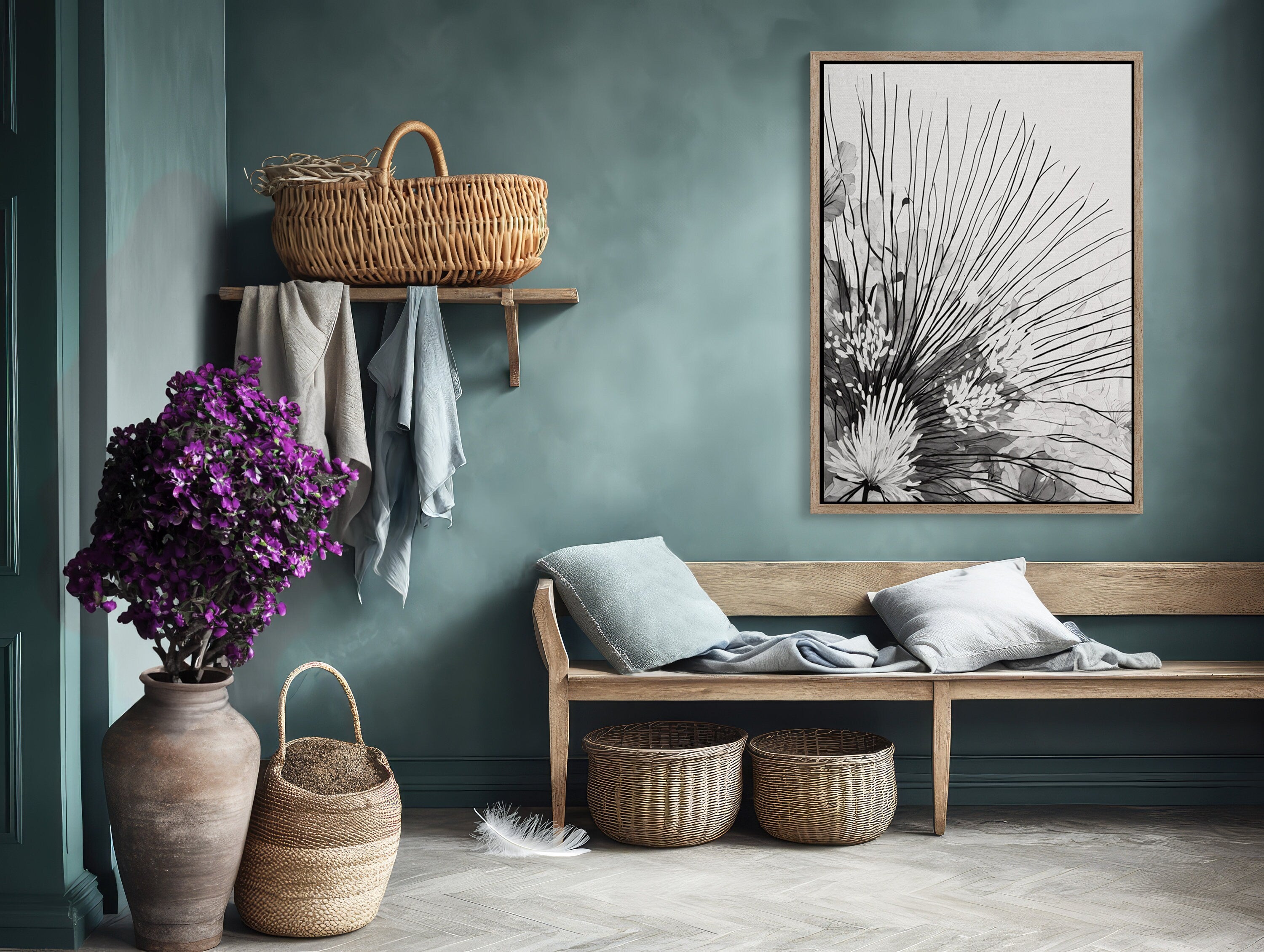 Abstract Japandi wall art with botanical elements in black and white