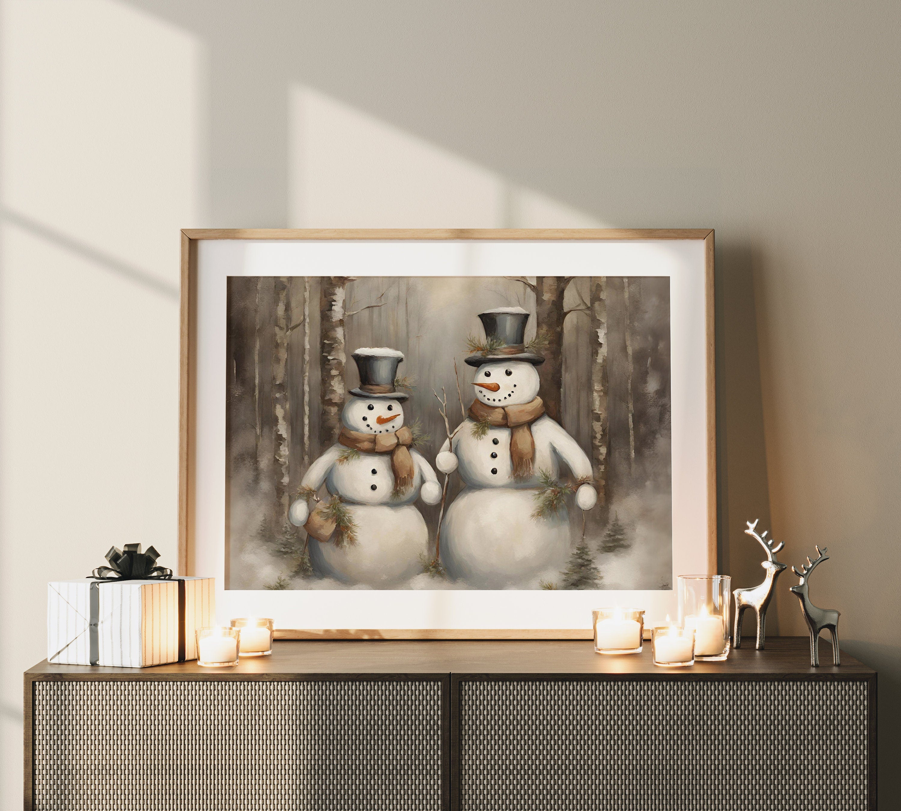 Antique Vintage Snowman Print for Festive Christmas Wall Decor