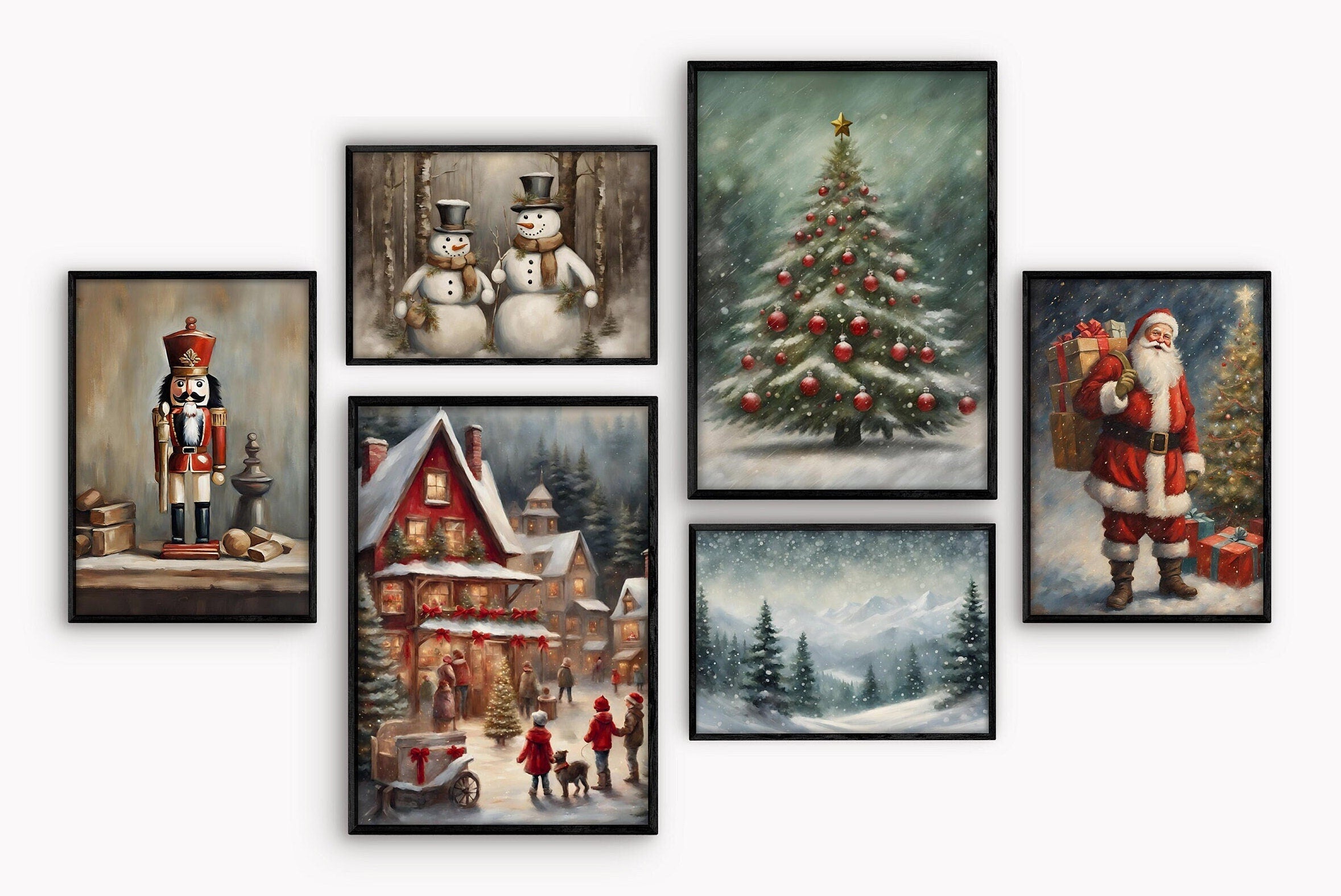 Collection of vintage Christmas prints set, downloadable art for holiday decor