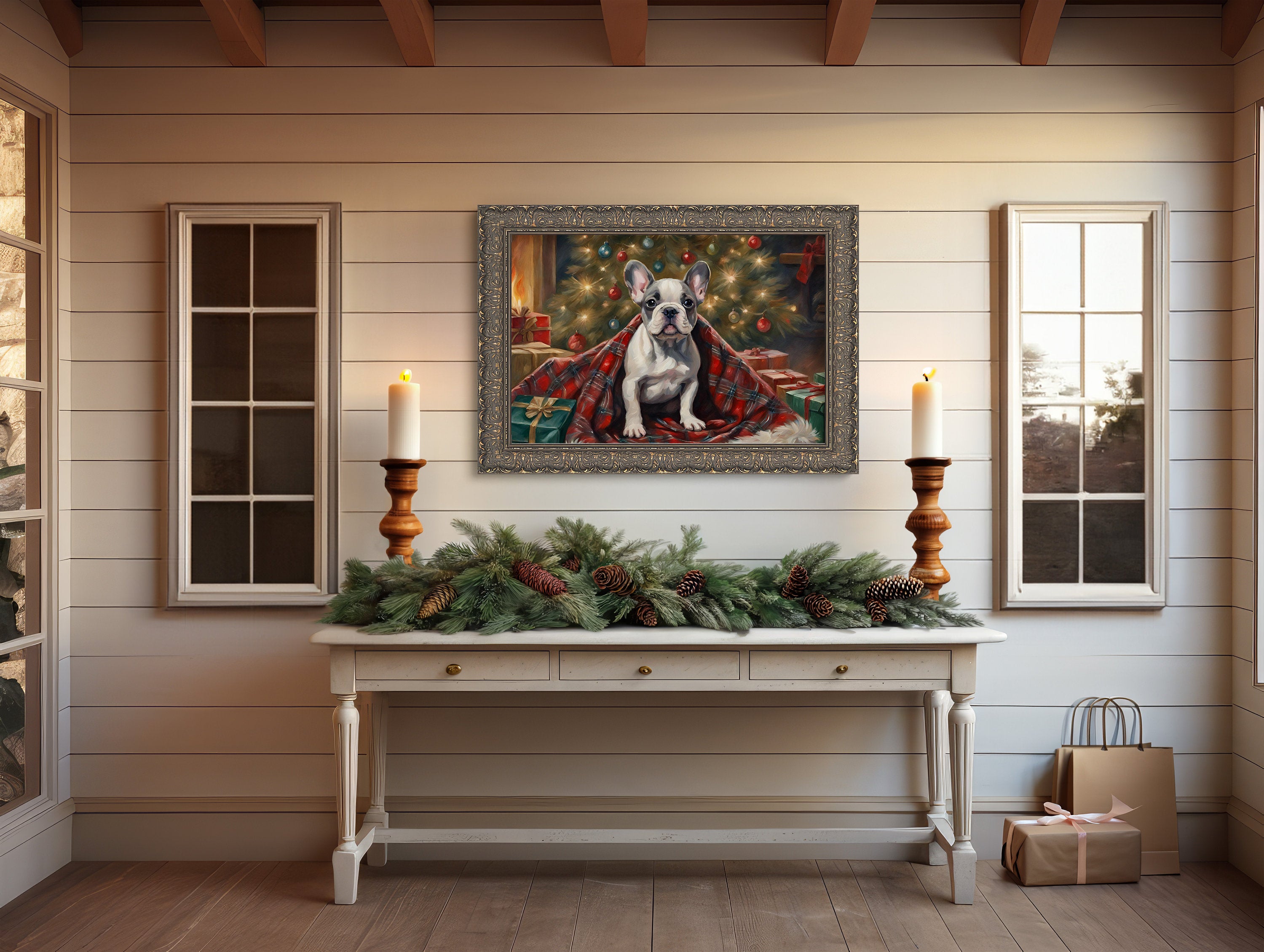 Christmas-themed Vintage Frenchie Puppy Print for Download