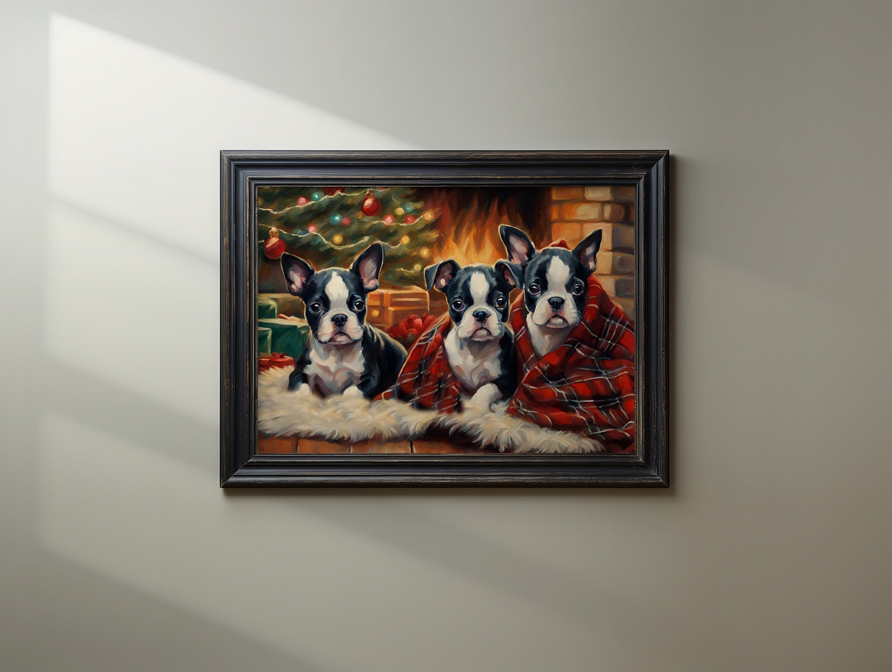 Charming digital art of a Boston Terrier puppy with festive Christmas elements