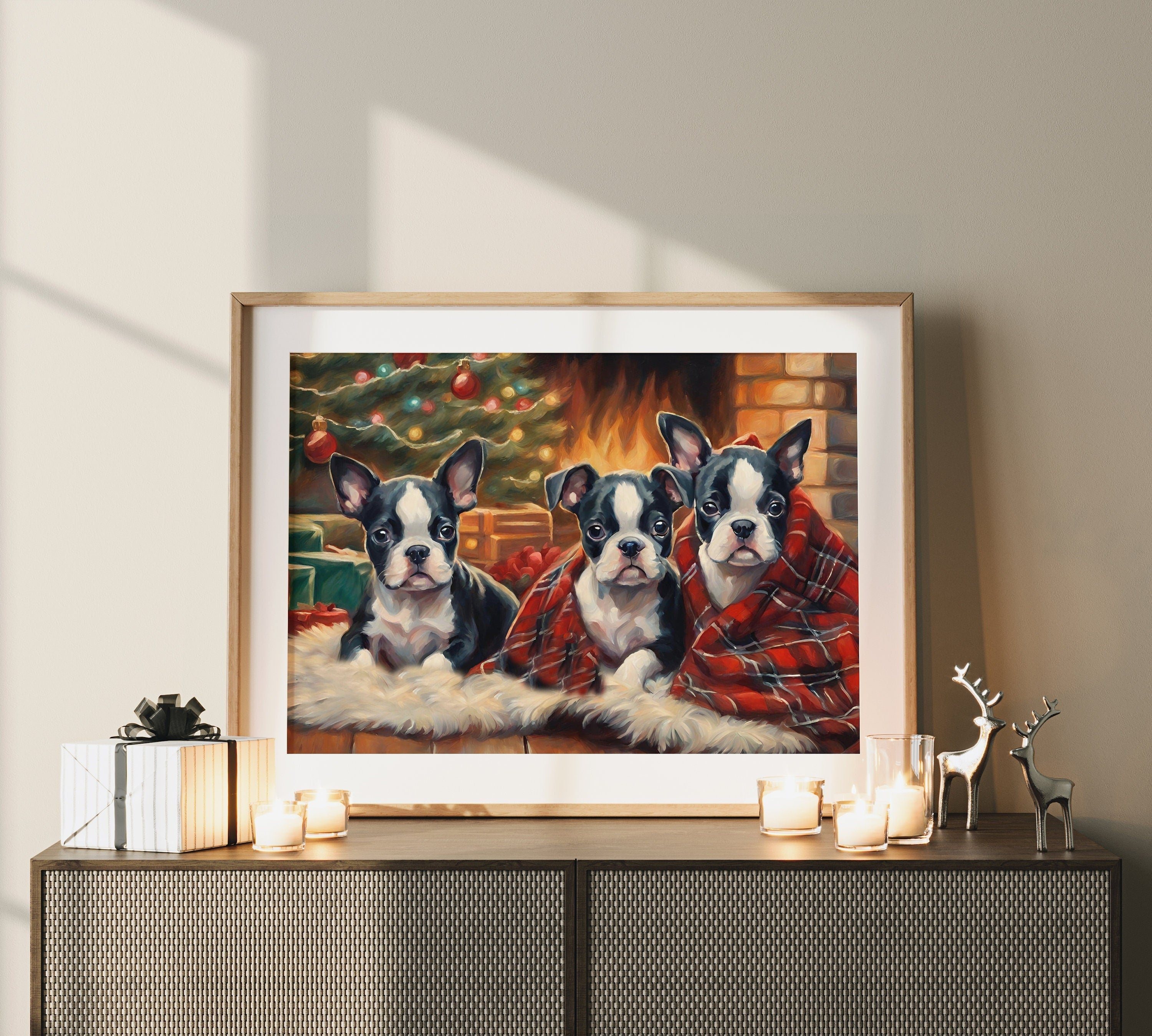 Boston Terrier wearing a Santa hat and scarf in a snowy Christmas scene wall art print 