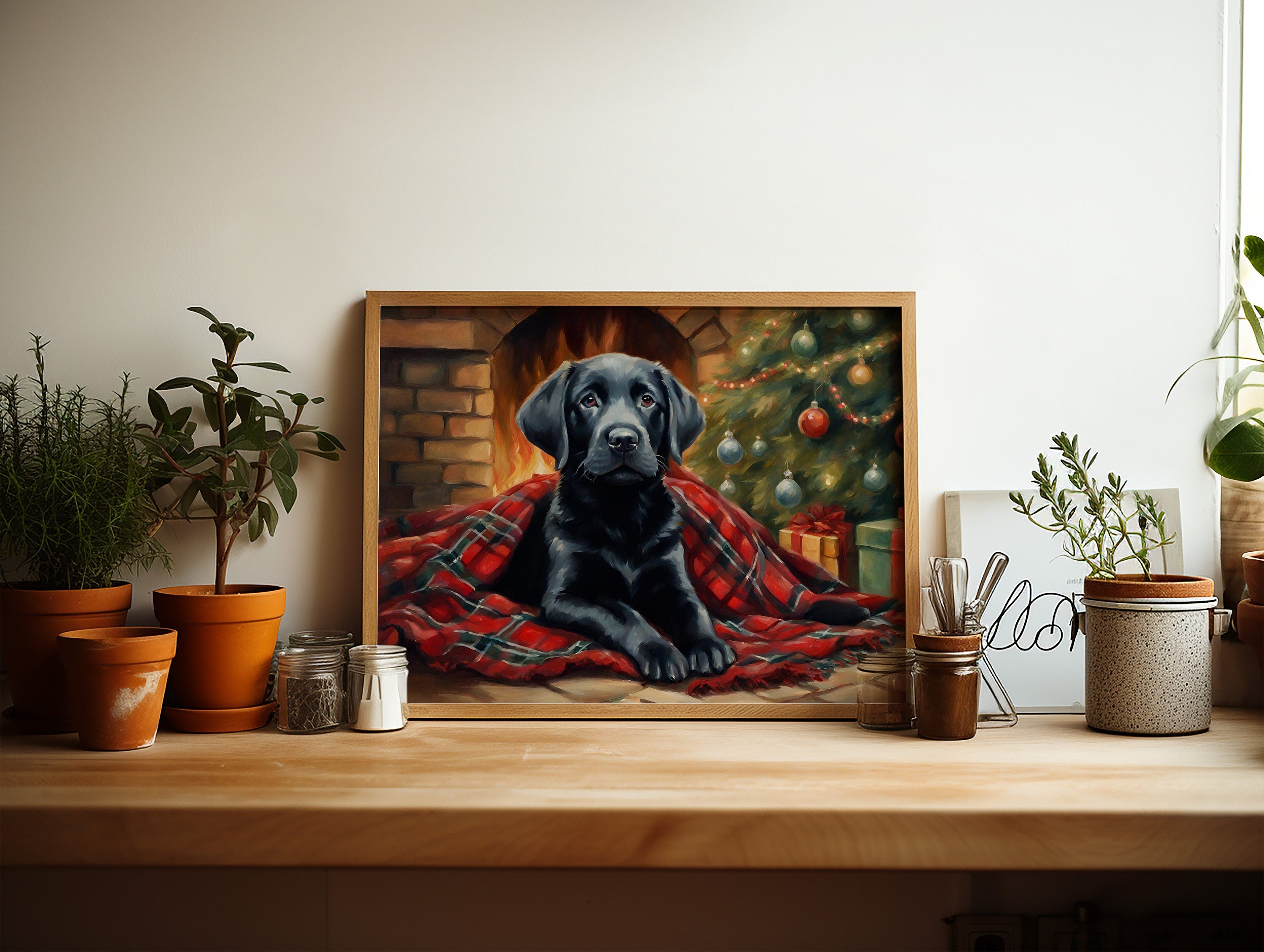 Black Lab in a Christmas scene ready for framing