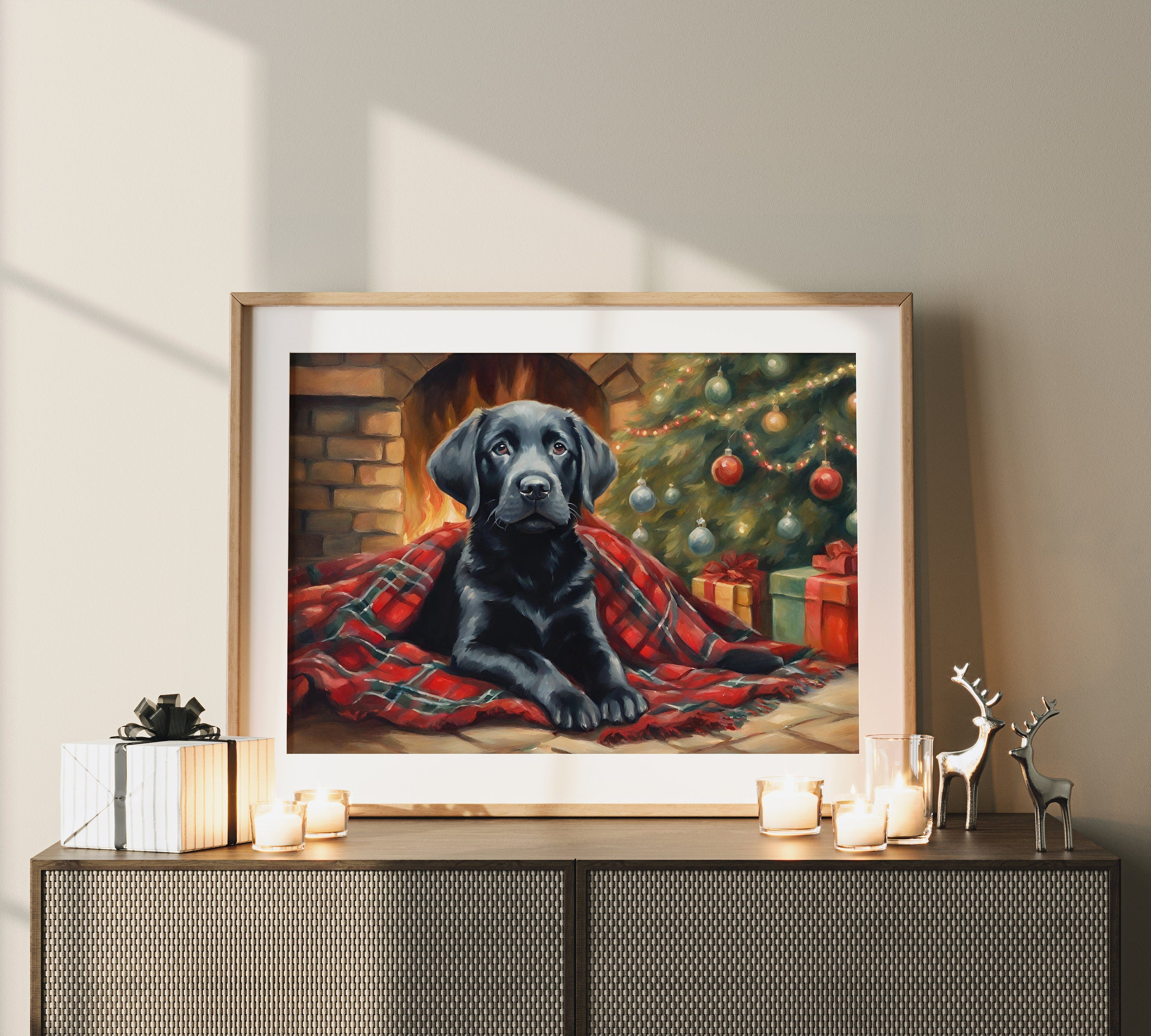 Framable dog print with festive holiday design