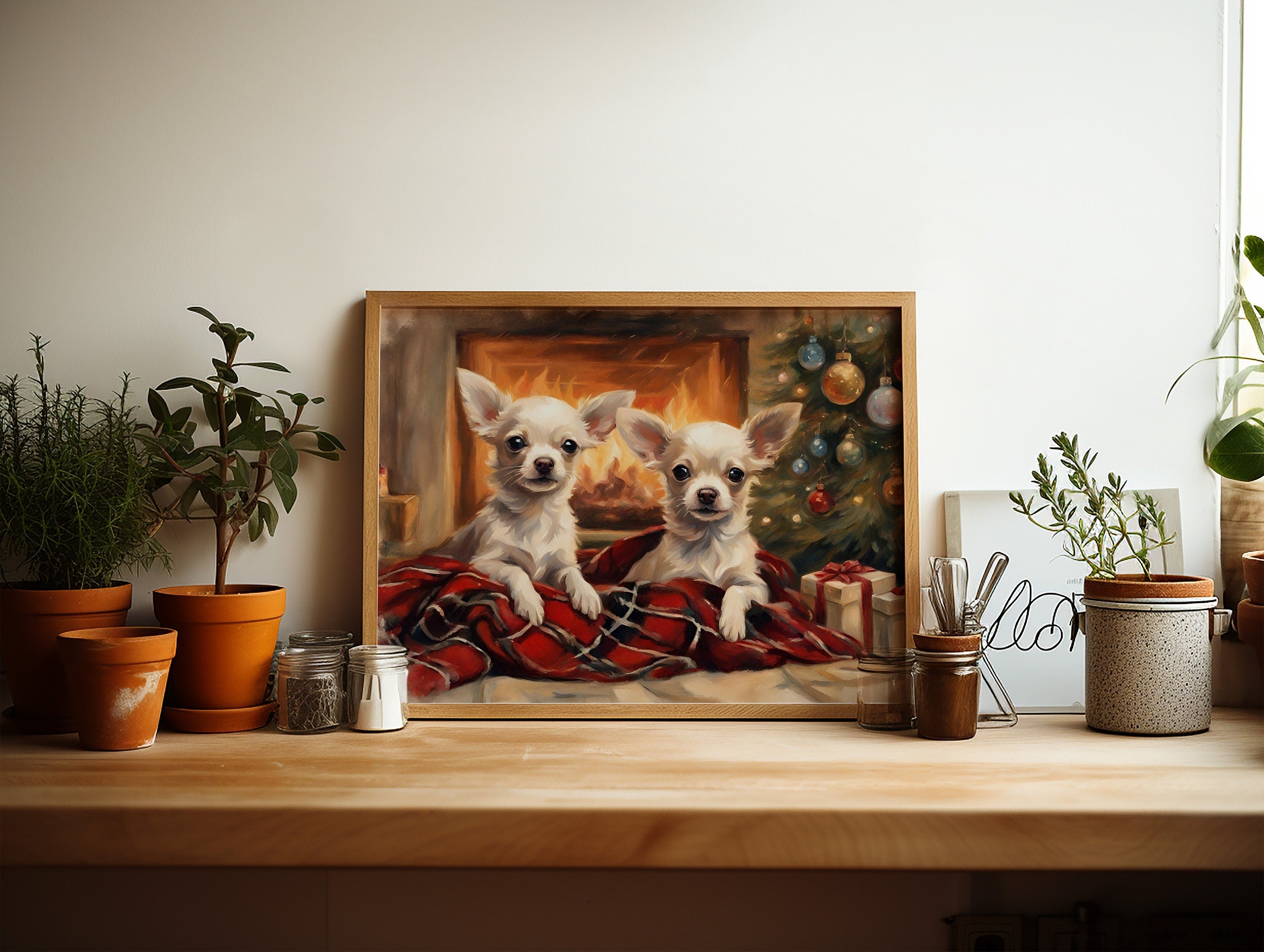 Chihuahua Christmas Digital Wall Art featuring adorable Chihuahua dog in festive holiday attire with snowflakes and Christmas tree decorations