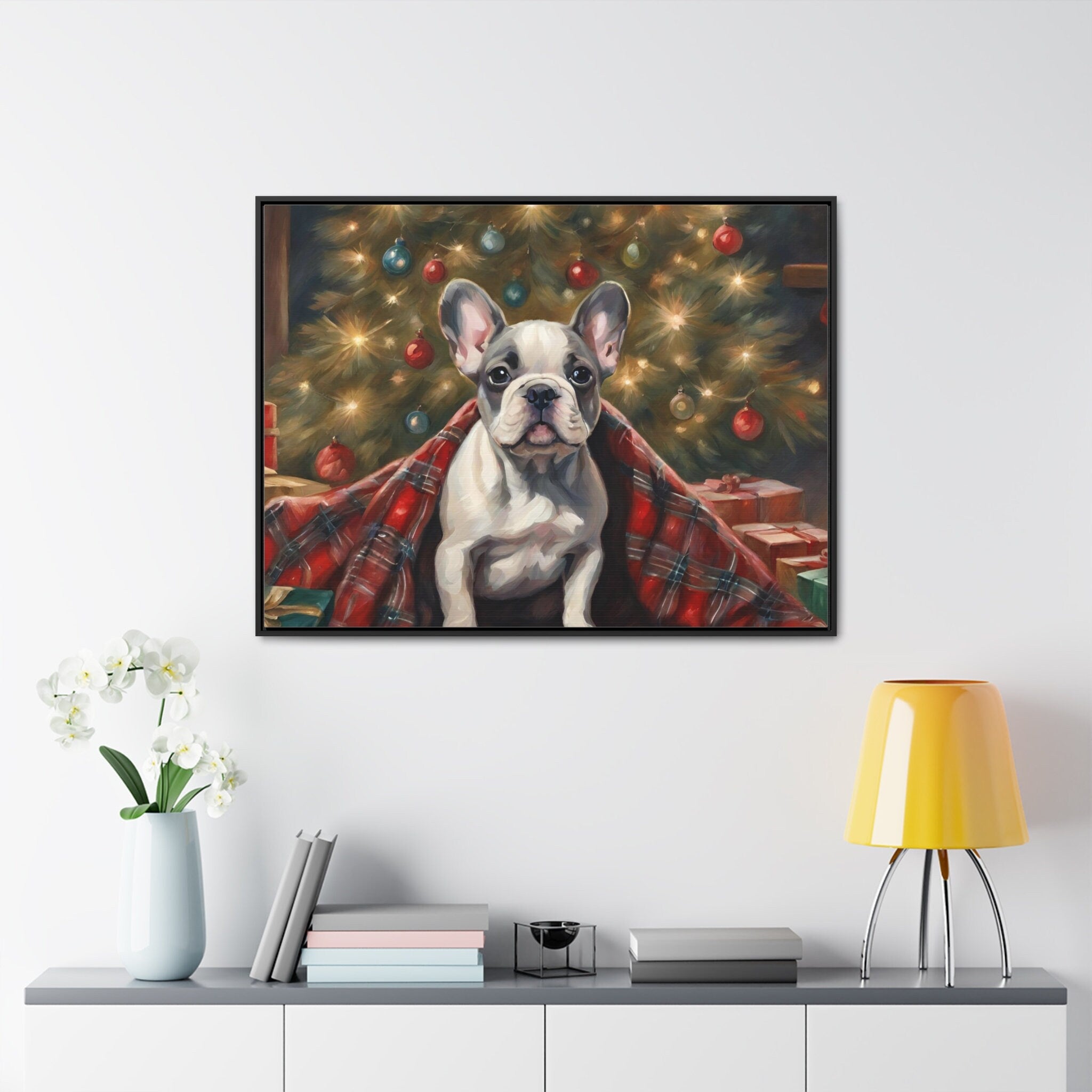 Vintage Christmas French Bulldog Print with festive holiday decorations and French Bulldog puppy in vintage style