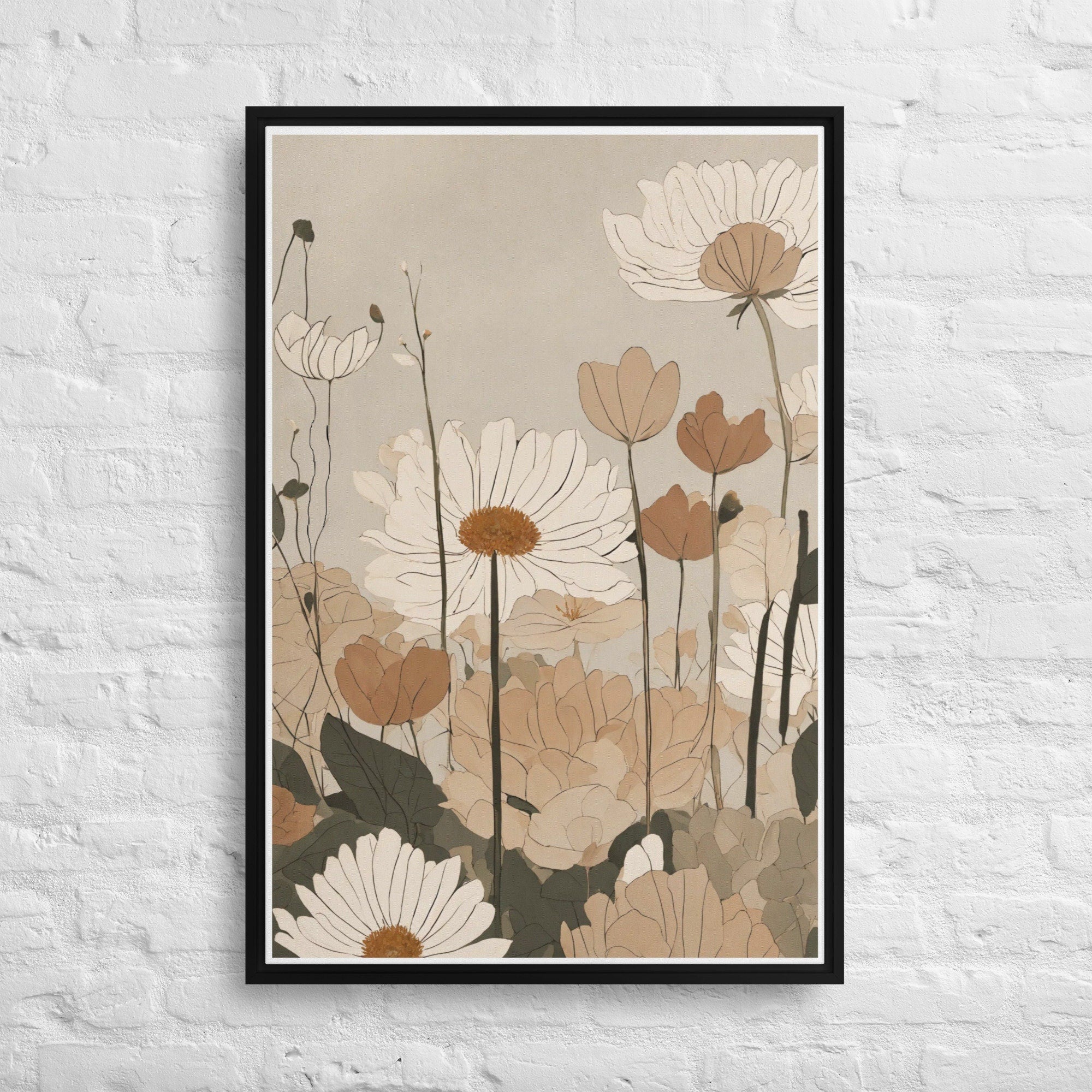 White Japandi Framed Floral Wall Art for Modern Room Decor