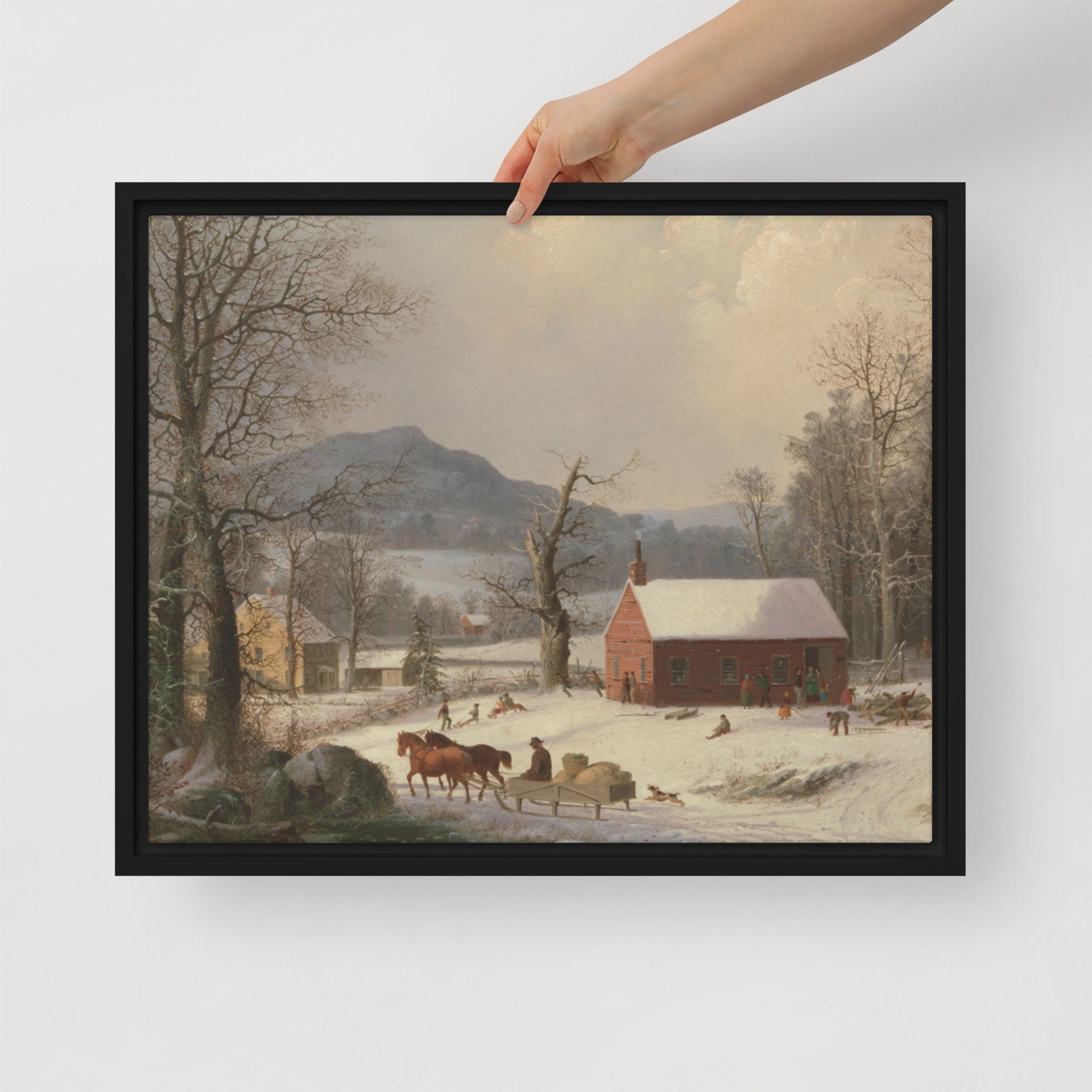 High quality winter scene printed canvas in frame showcasing vintage snowy landscape with tranquil atmosphere