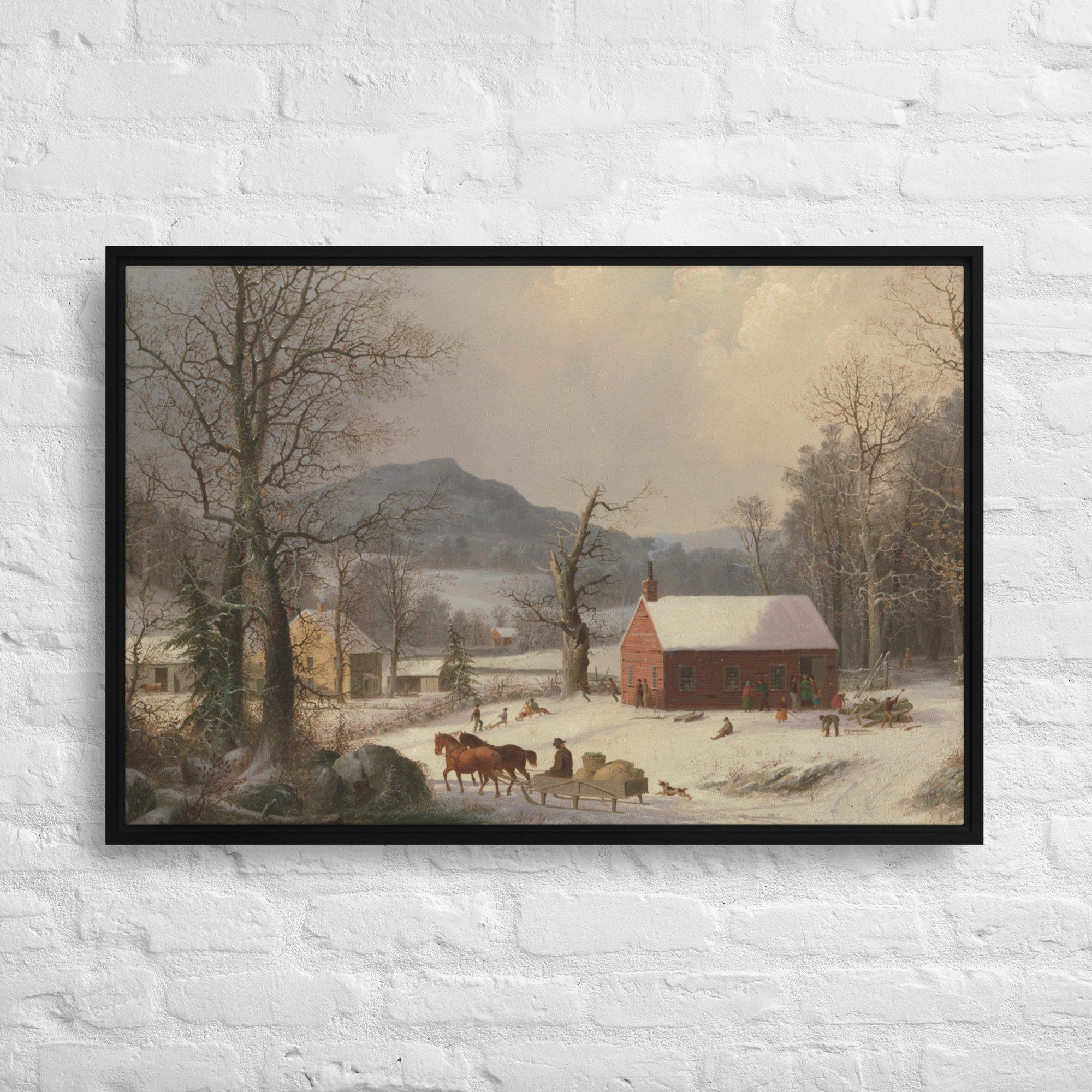 Large wall art vintage winter scene printed canvas in frame depicting peaceful snowy woods and charming cottage