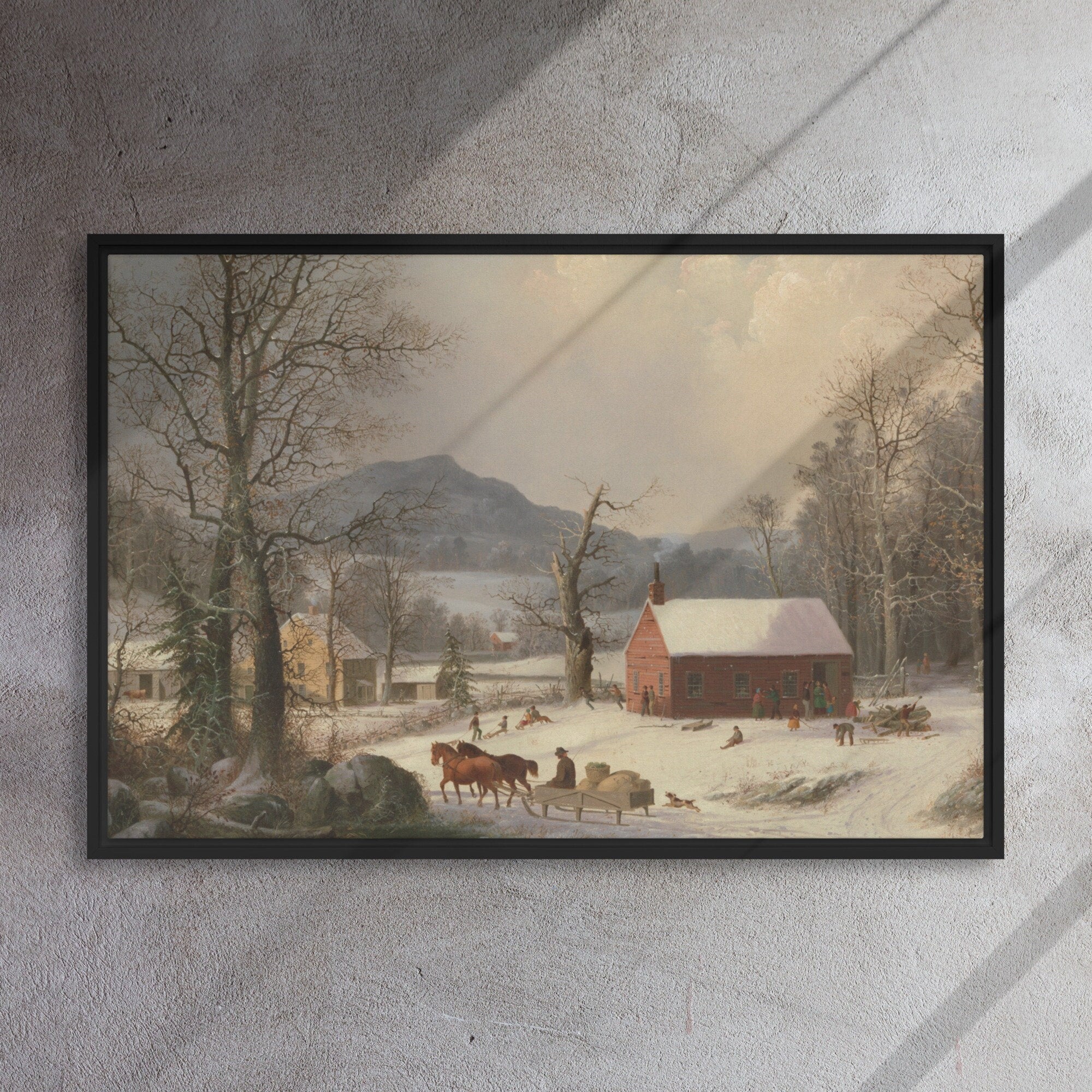 Beautiful vintage winter landscape canvas wall art featuring a cozy cabin nestled among snowy trees and a serene mountain backdrop