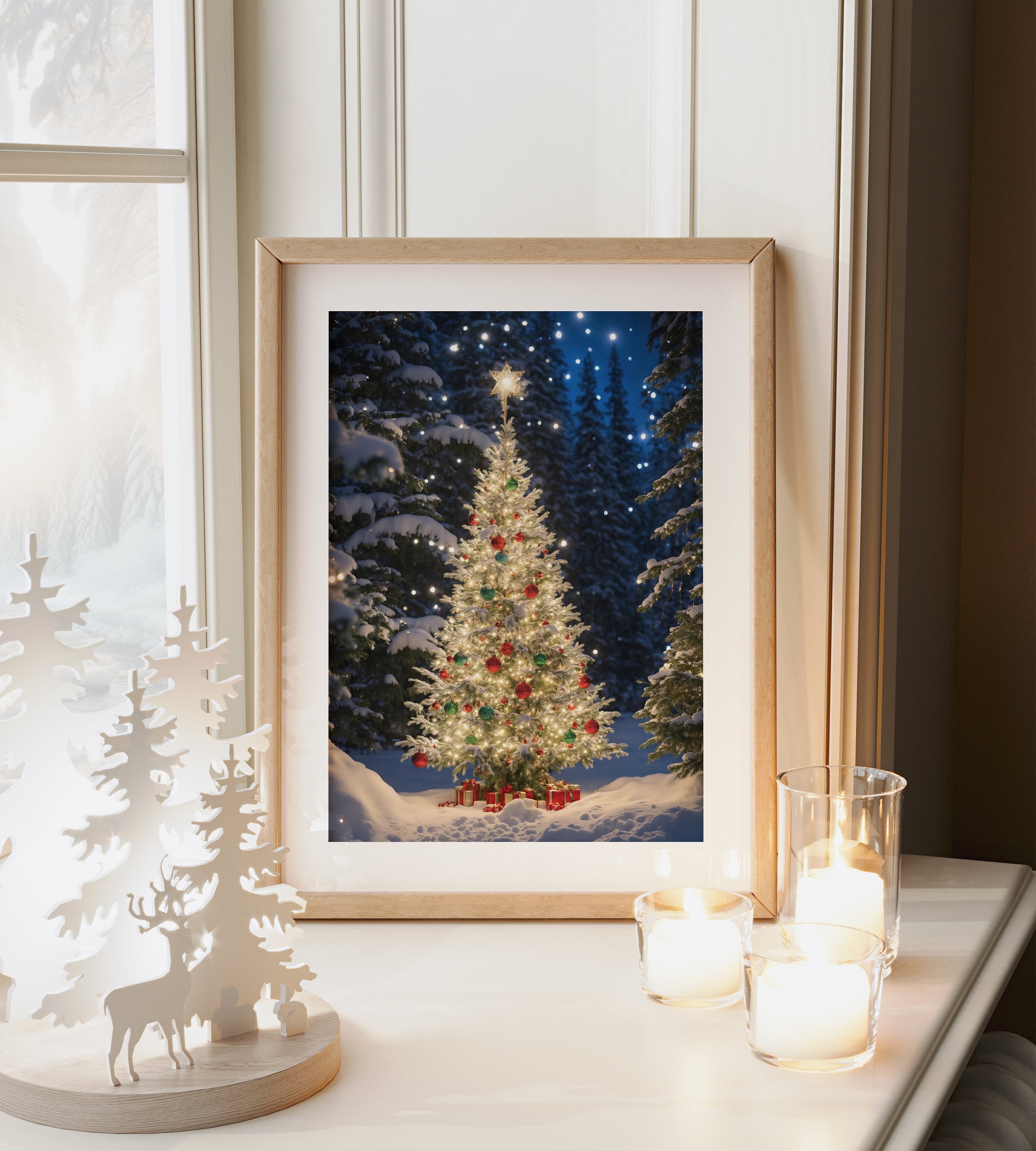 Festive holiday tree print with star, ornaments, and lights