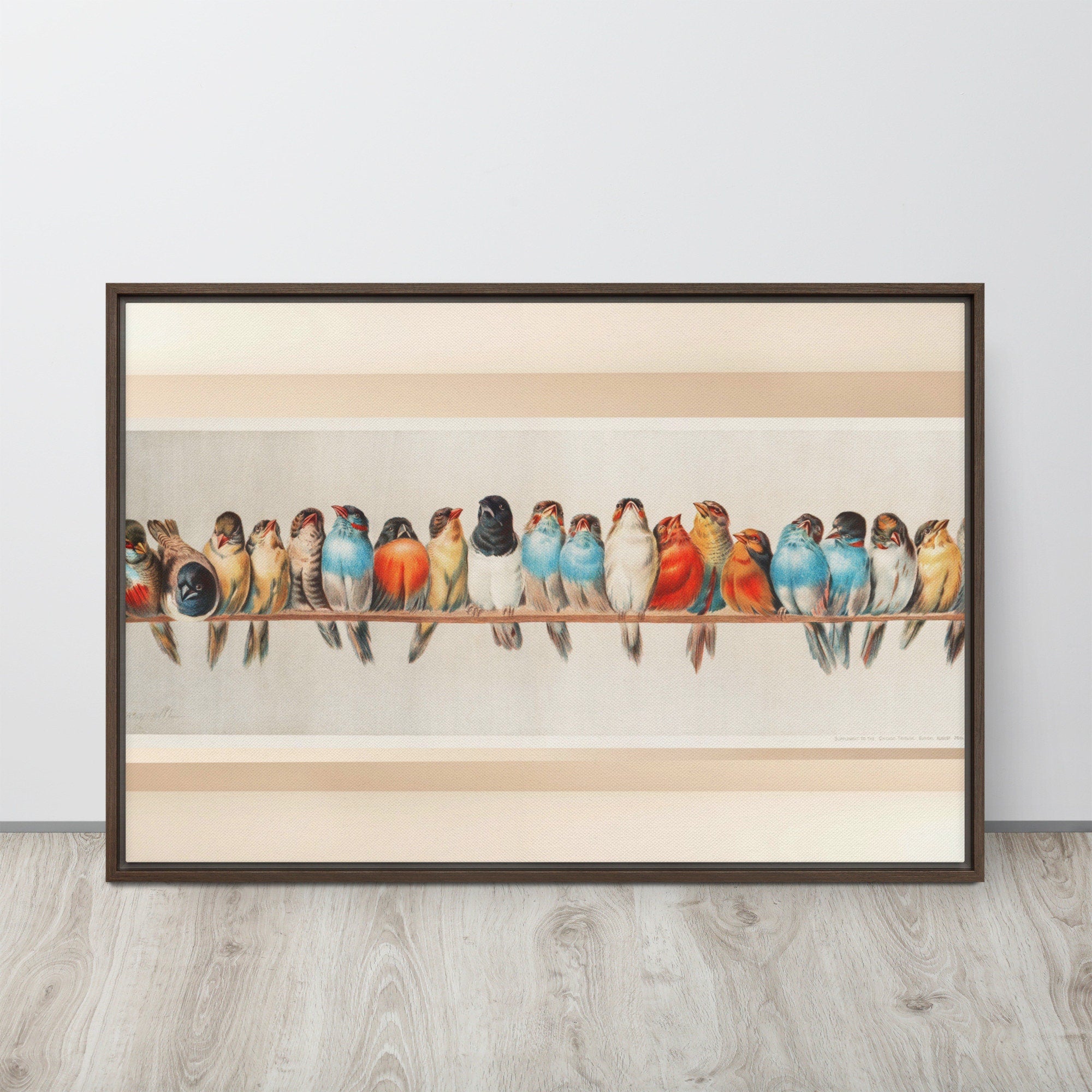 Gorgeous framed print of birds perched on branches in a rainbow of colors