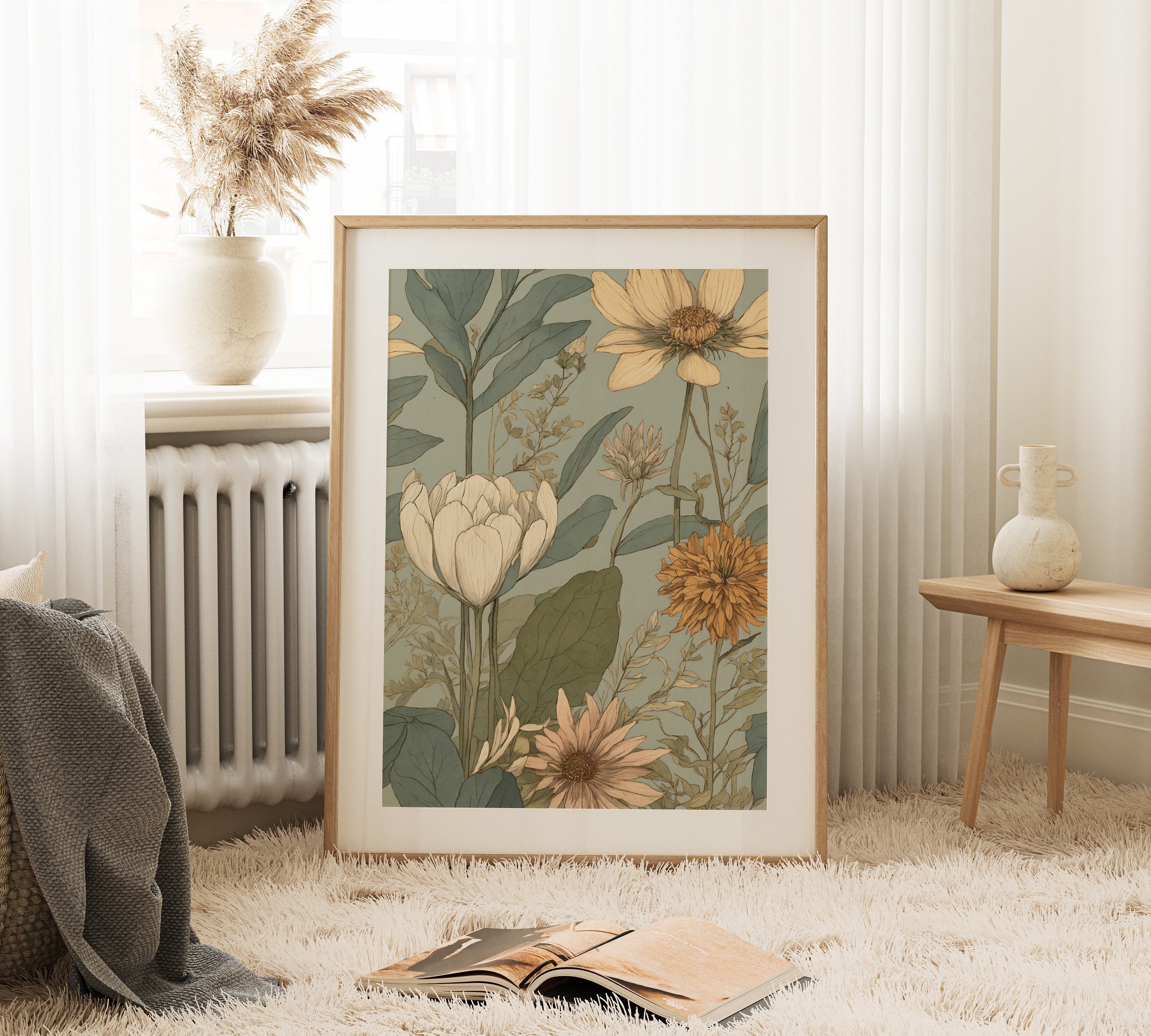  Elegant and modern floral wall art in Japandi style for instant download