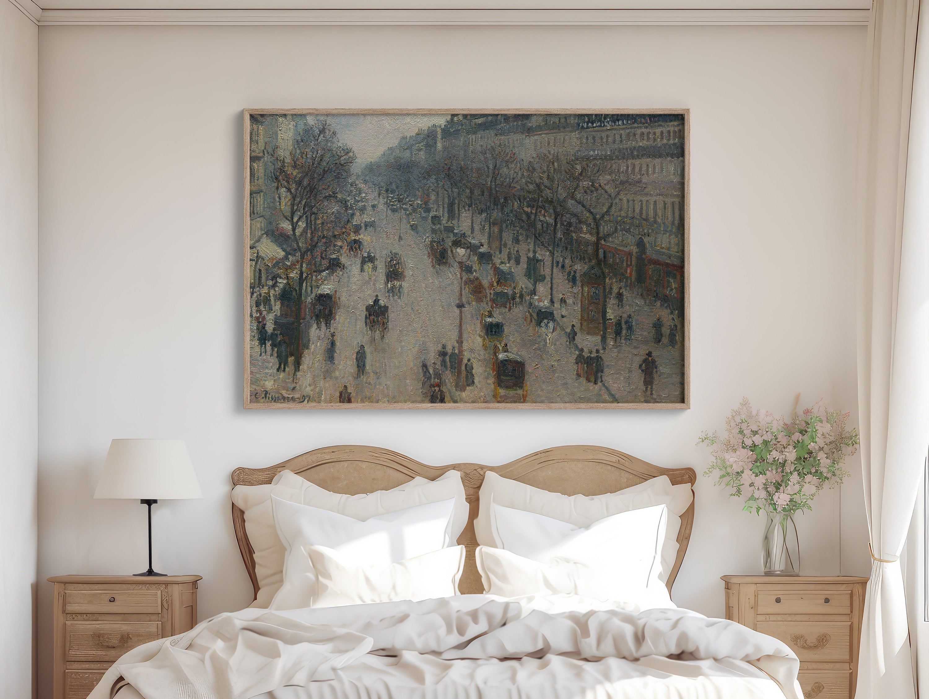 Detailed winter scene canvas print by Camille Pissarro, capturing the charm of Paris with its snowy streets, elegant architecture, and bustling city life