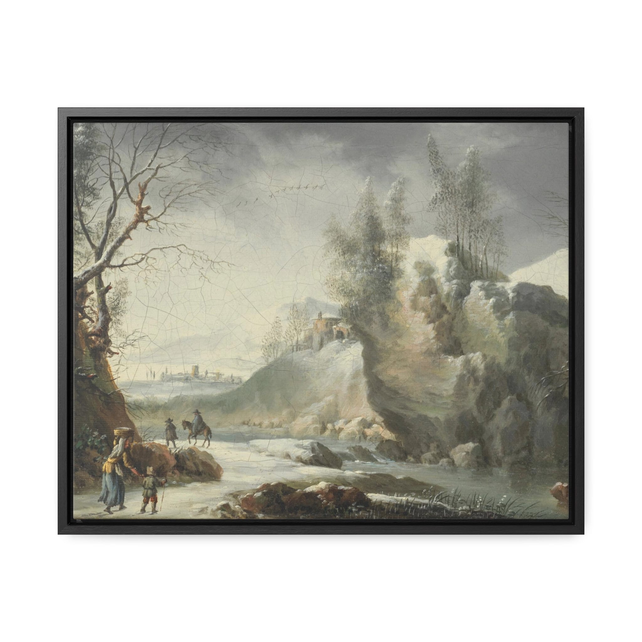 Scenic mountain winter landscape framed canvas print with snow-covered trees and serene atmosphere