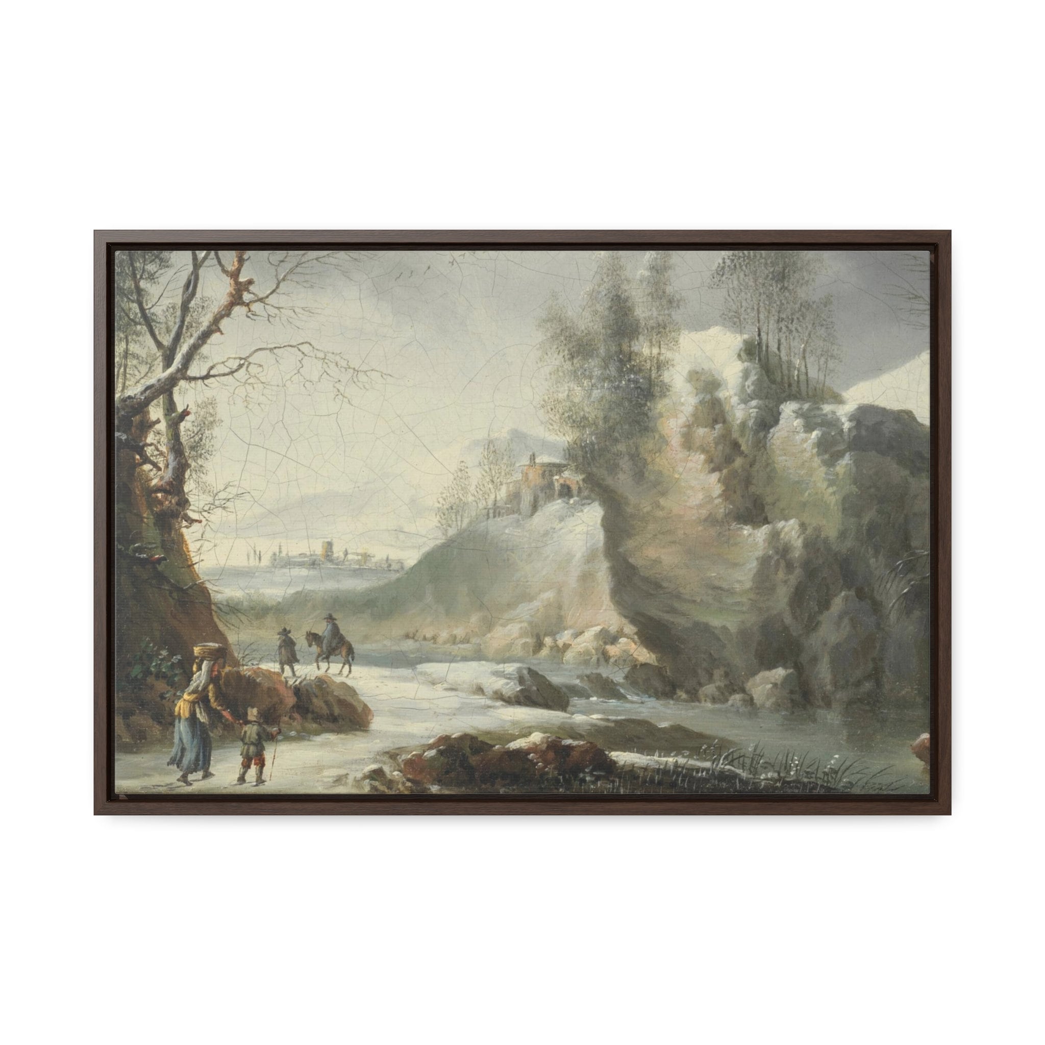 Large Mountain Winter Landscape Framed Canvas Print with Frosty Trees and Glowing Sunlight