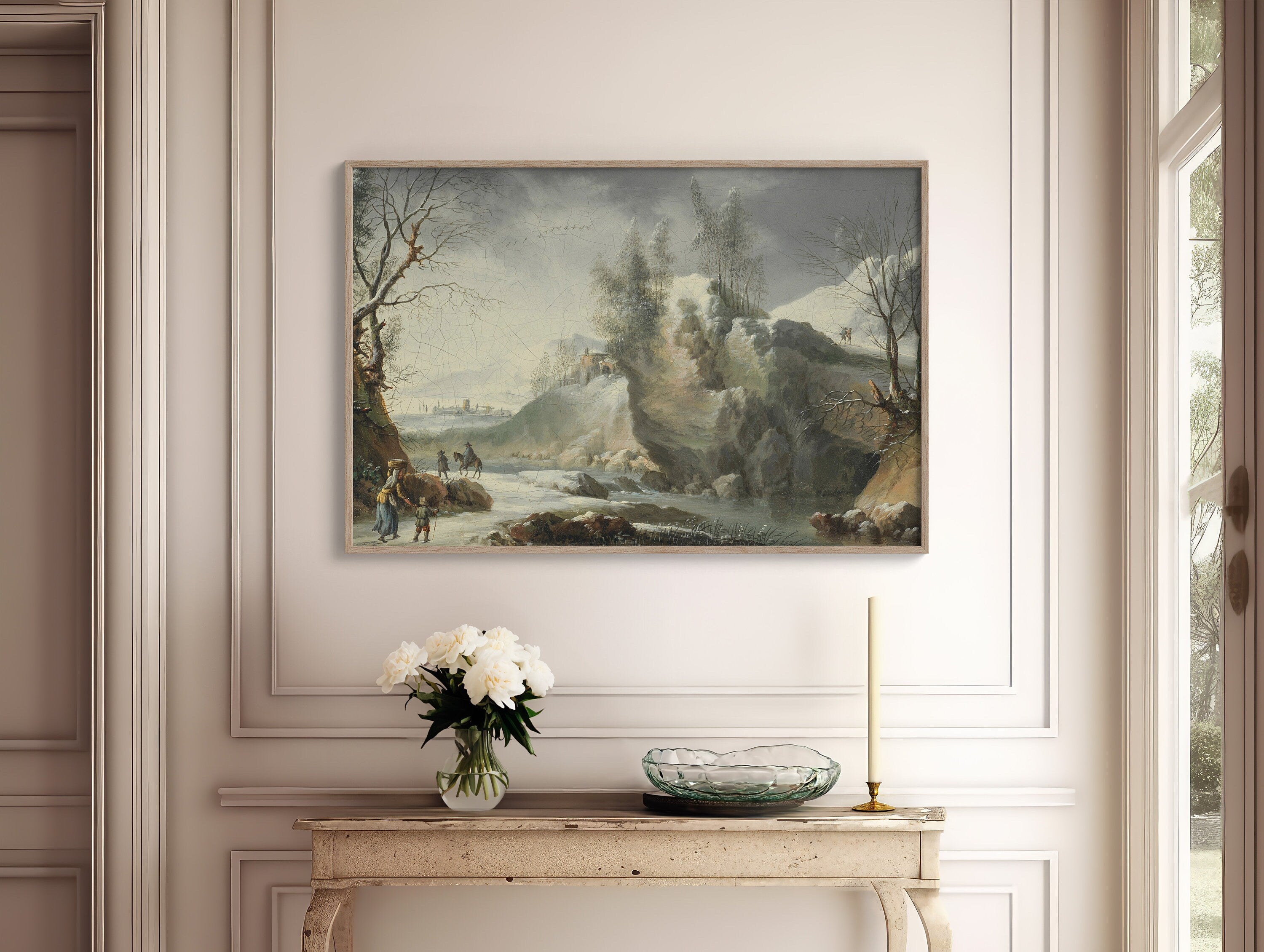 Panoramic Mountain Winter Landscape Framed Canvas Print with Snowy Path and Majestic Peaks