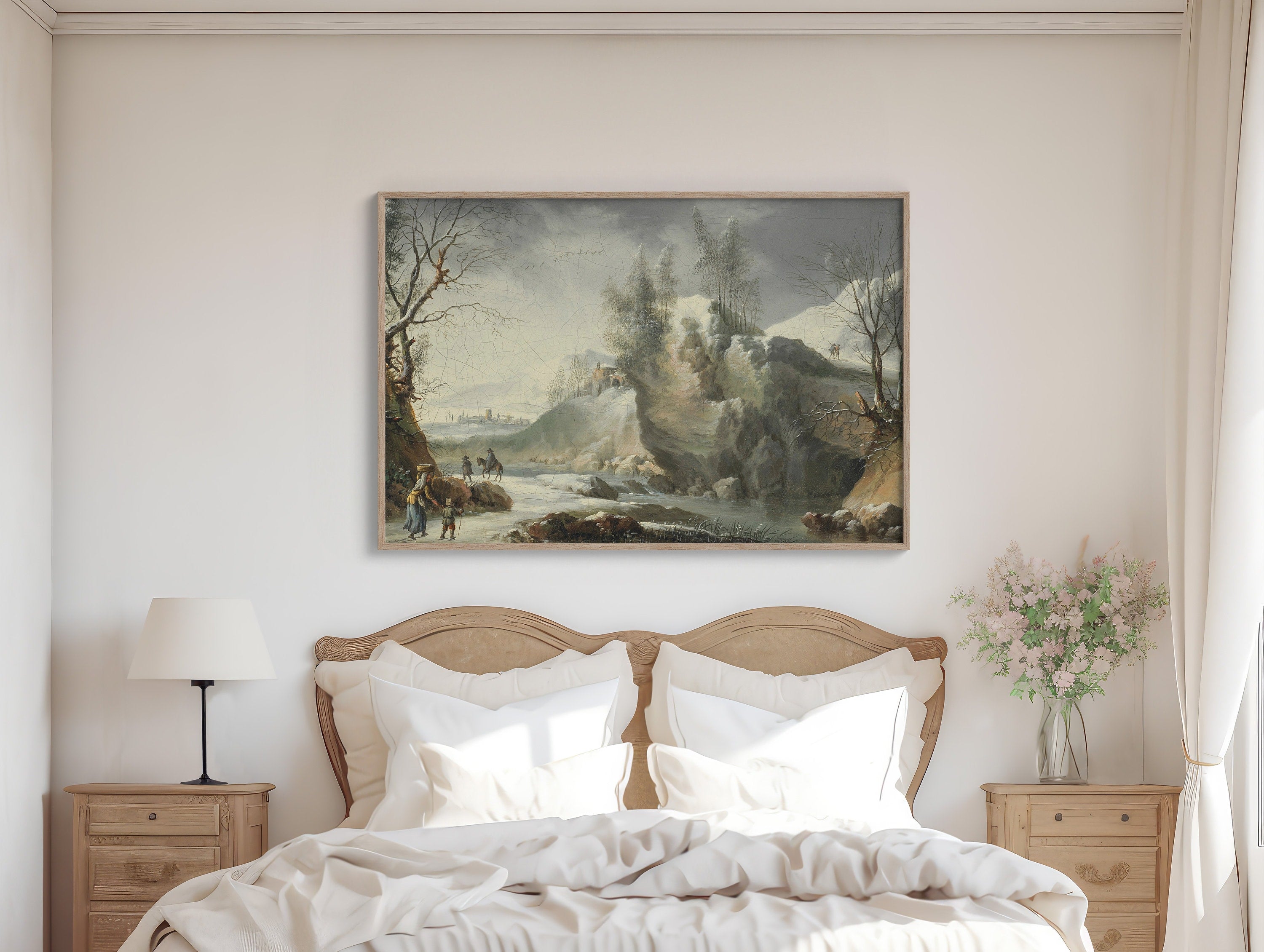 Winter mountain landscape depicted in a large wall art piece