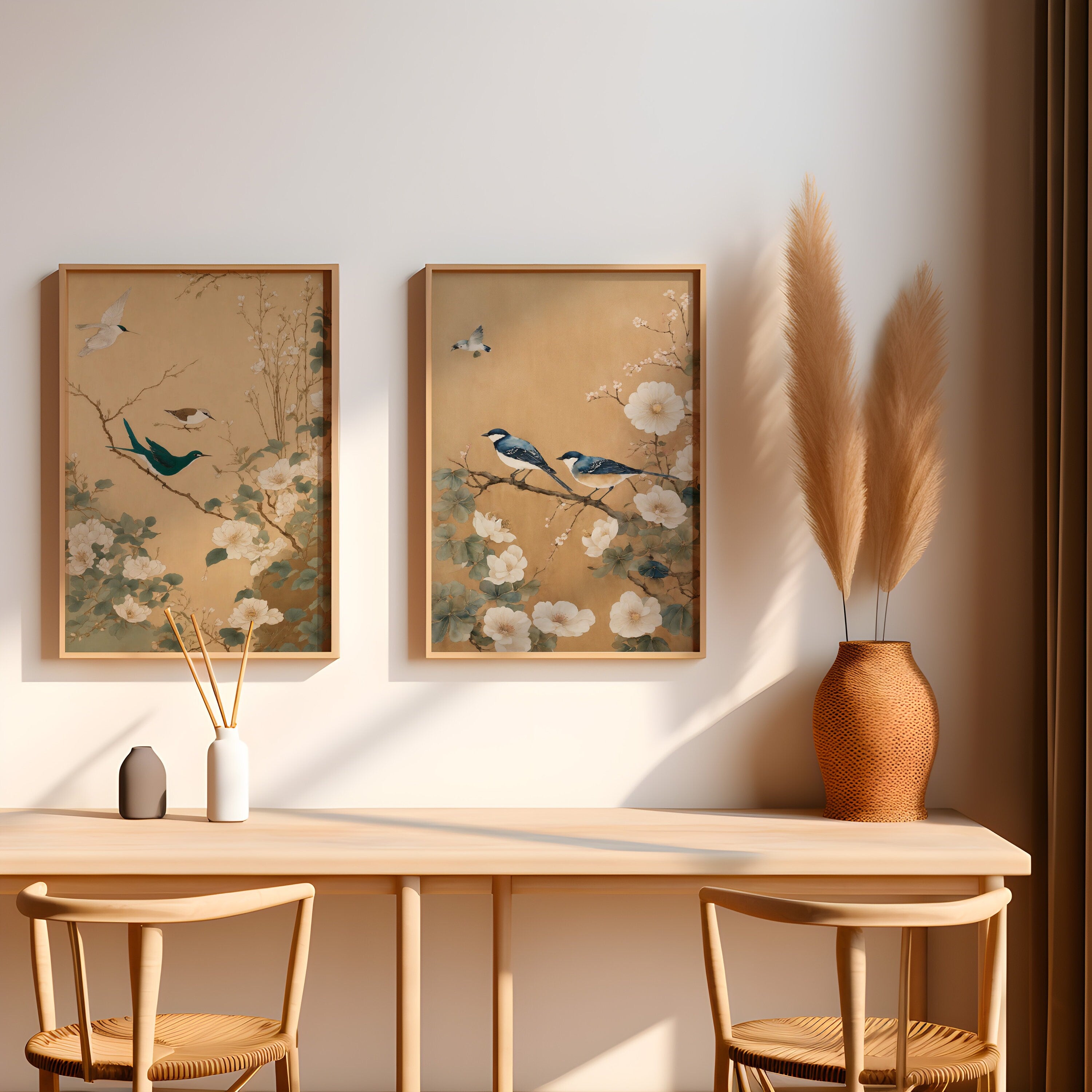 Japandi Floral Art Prints Set featuring minimalist design and serene colors