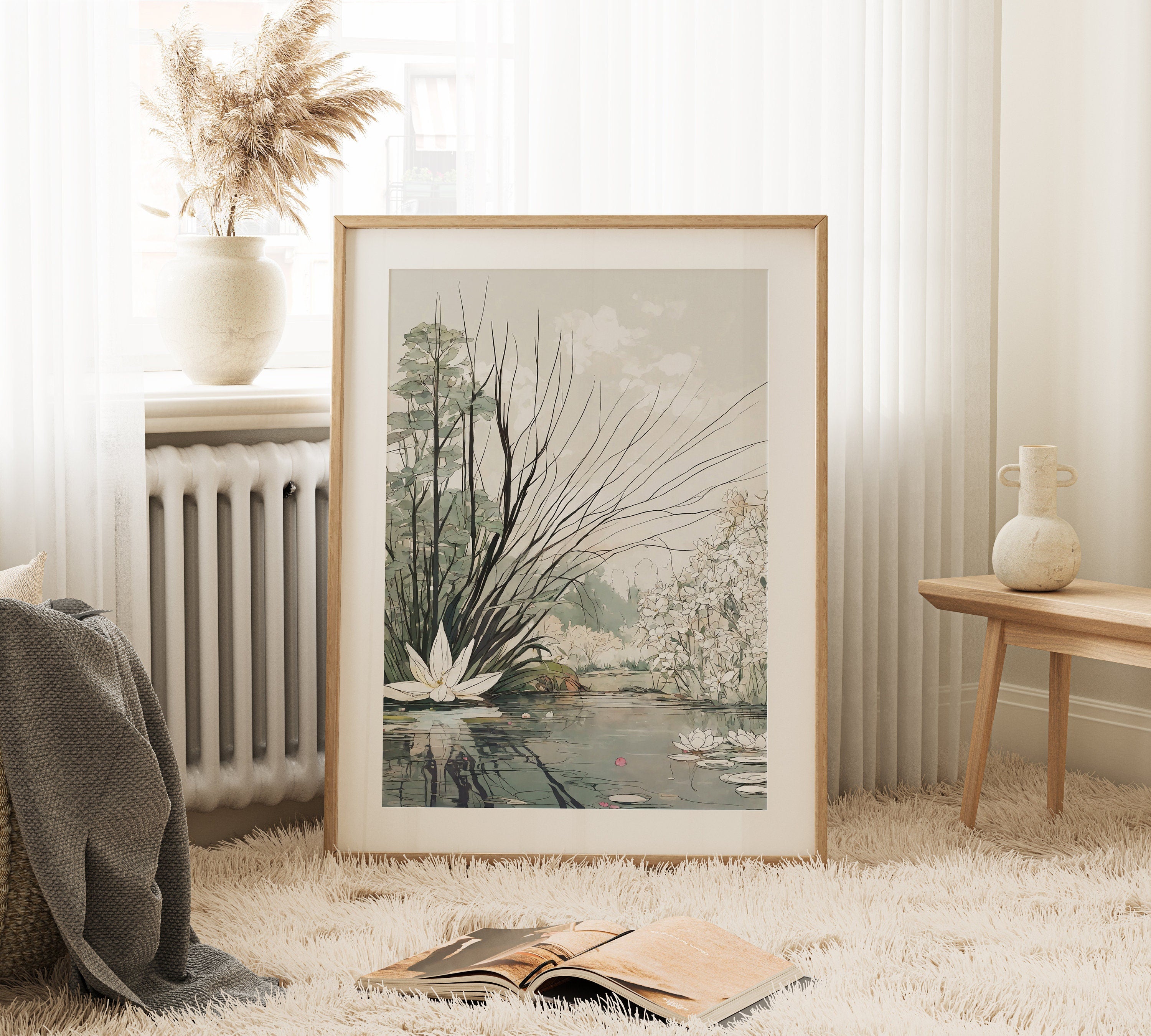 Beautiful digital art print depicting a peaceful lily pond with colorful flowers