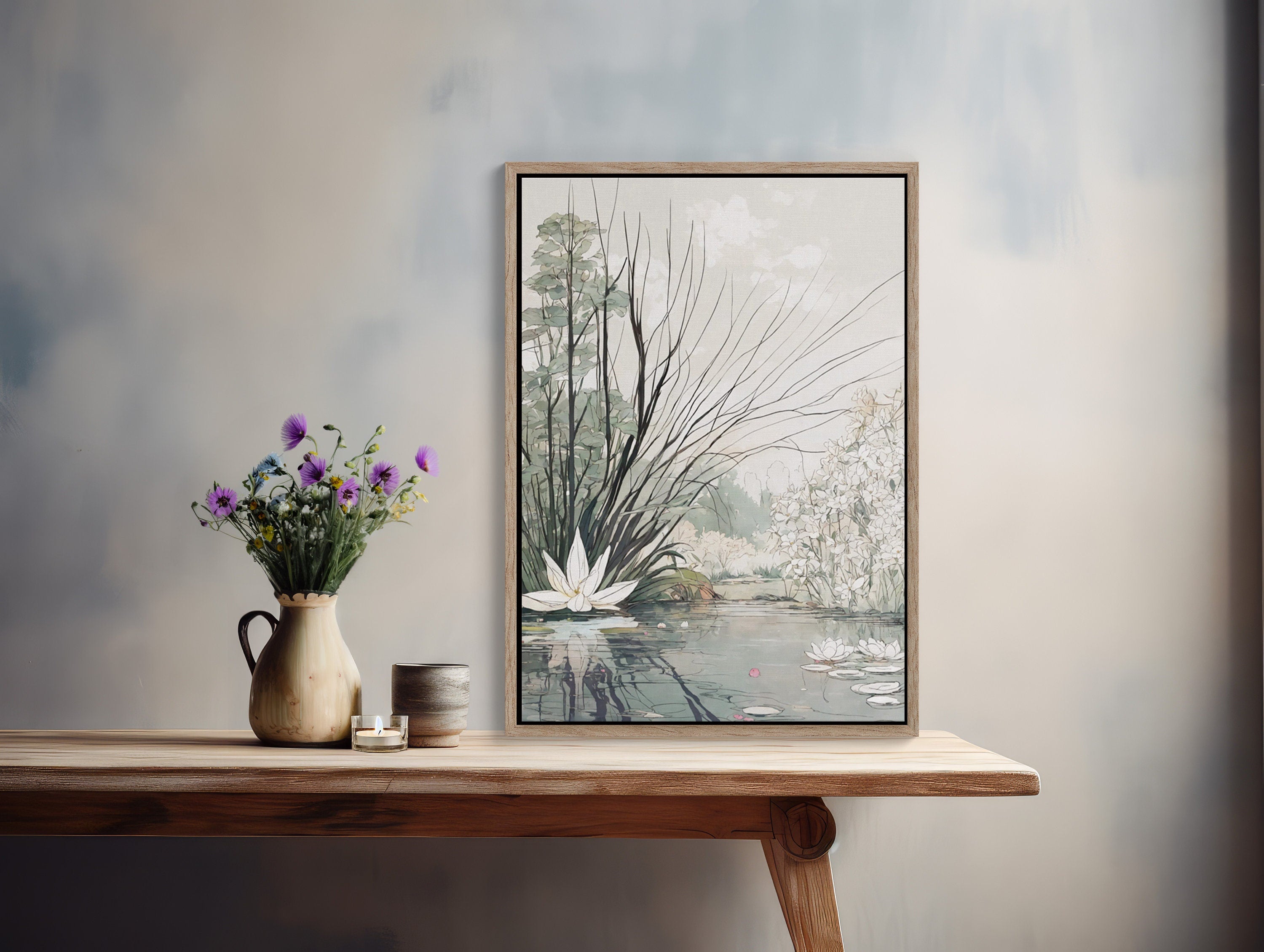 Tranquil landscape digital art featuring a calming lily pond surrounded by lush greenery and blooming lilies