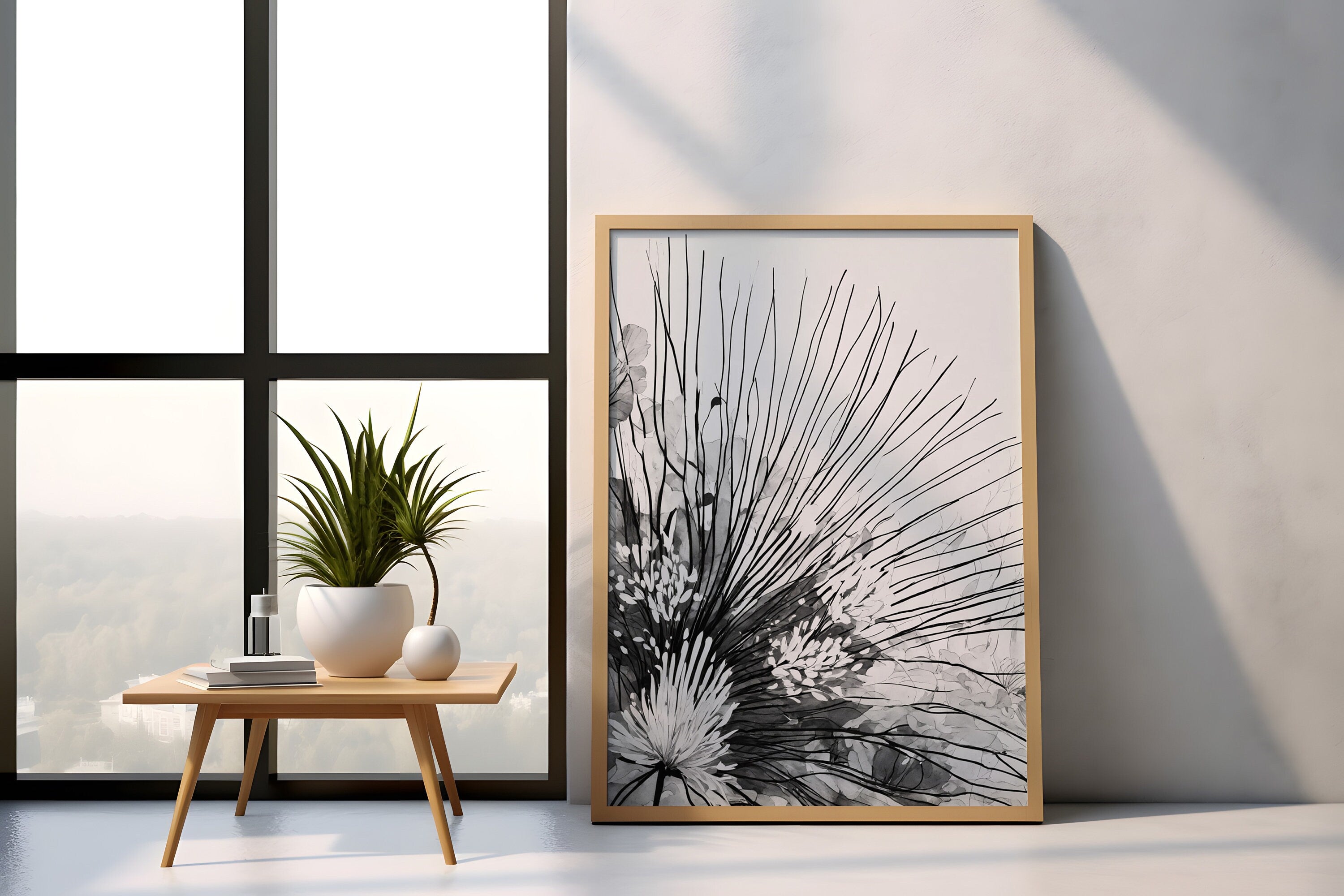 Botanical print digital art download with Japandi wall art illustration