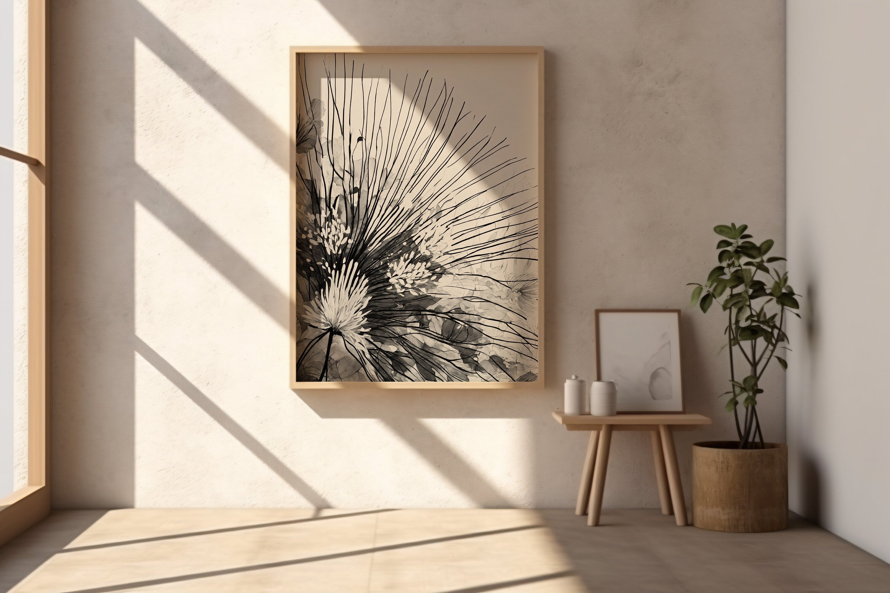 Botanical print digital art download with Japandi design in neutral tones