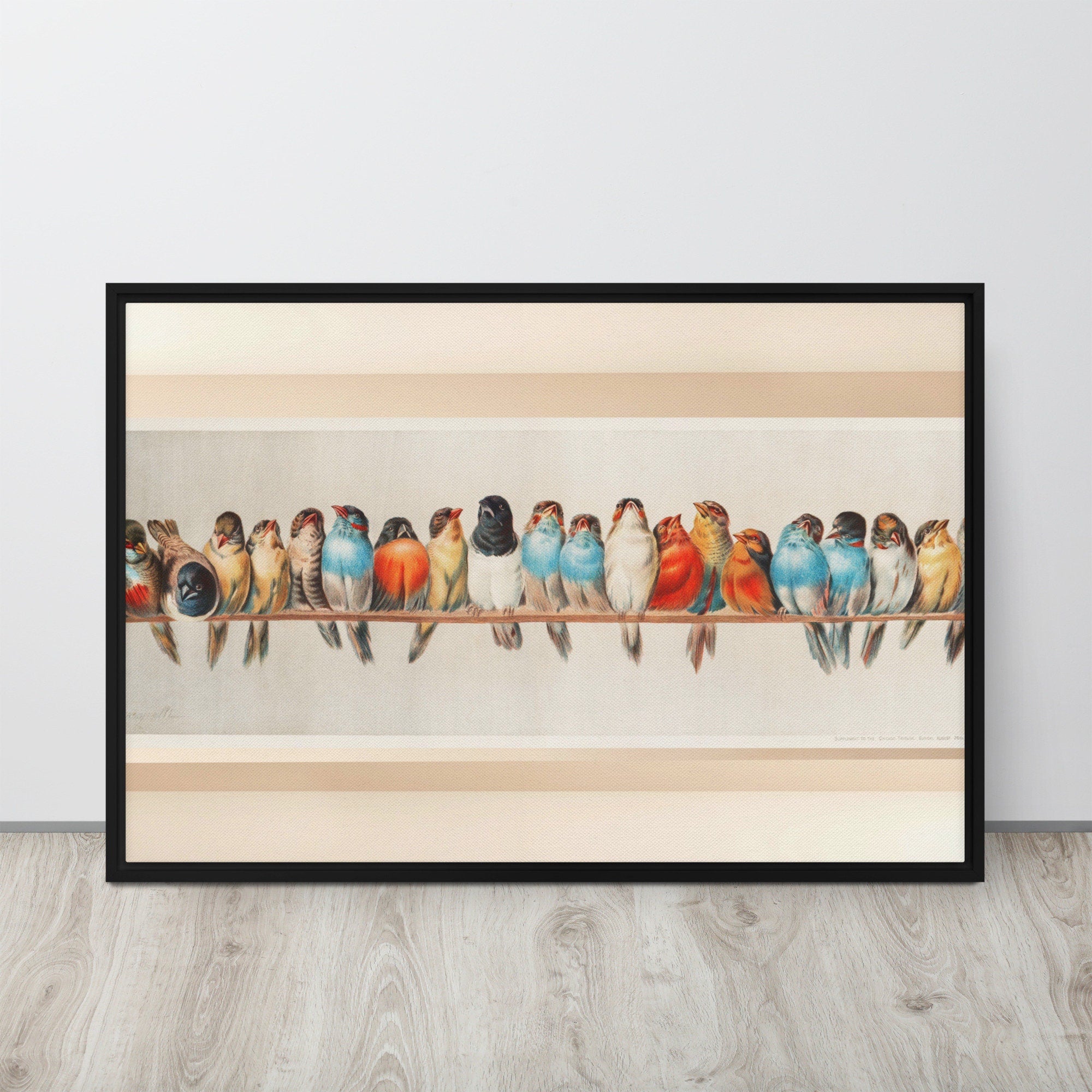 Colorful and vibrant framed wall art featuring 'A Perch of Birds' by Hector Giacomelli