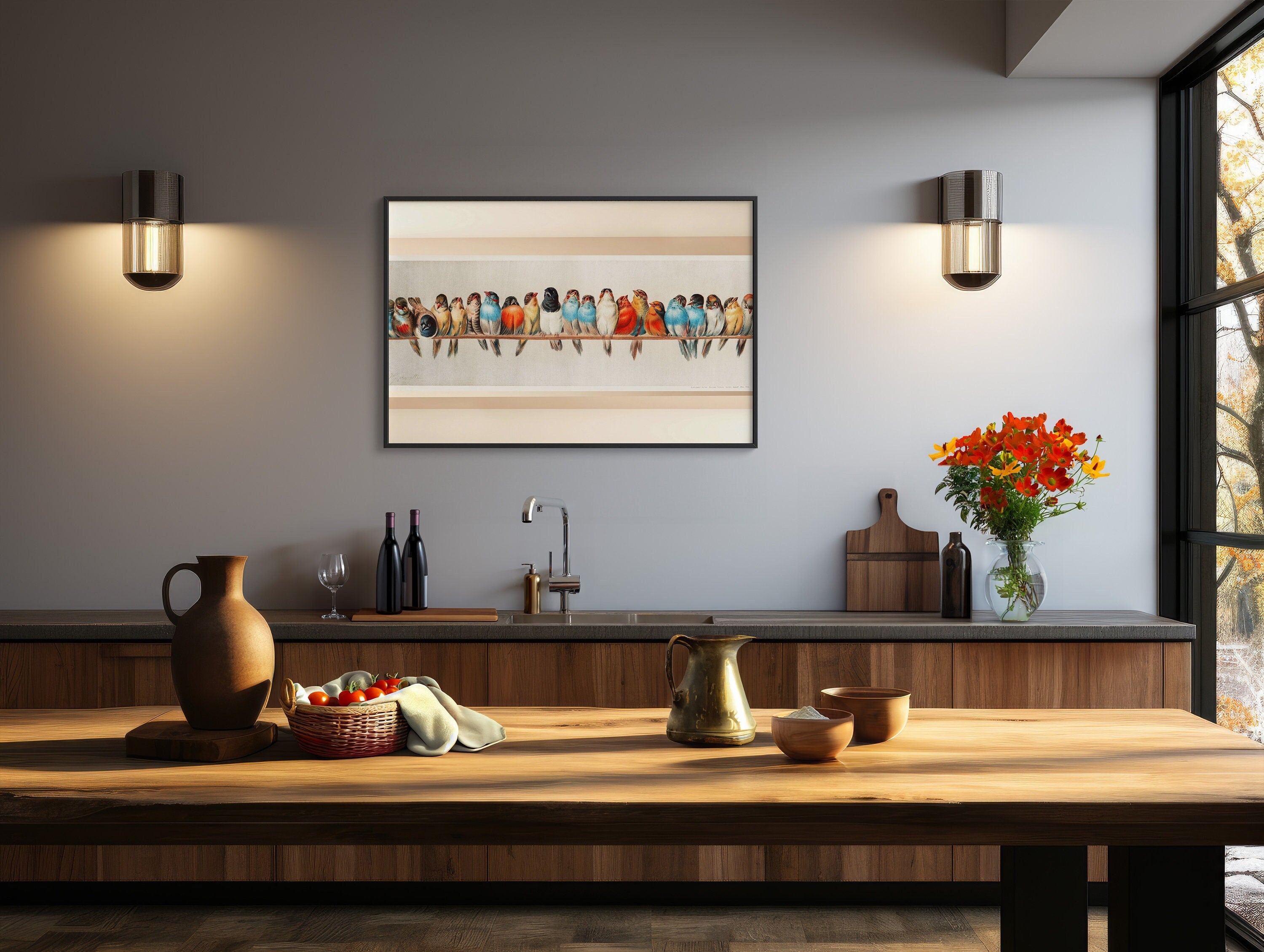 Framed wall art depicting a vibrant and colorful print of 'A Perch of Birds' by Hector Giacomelli