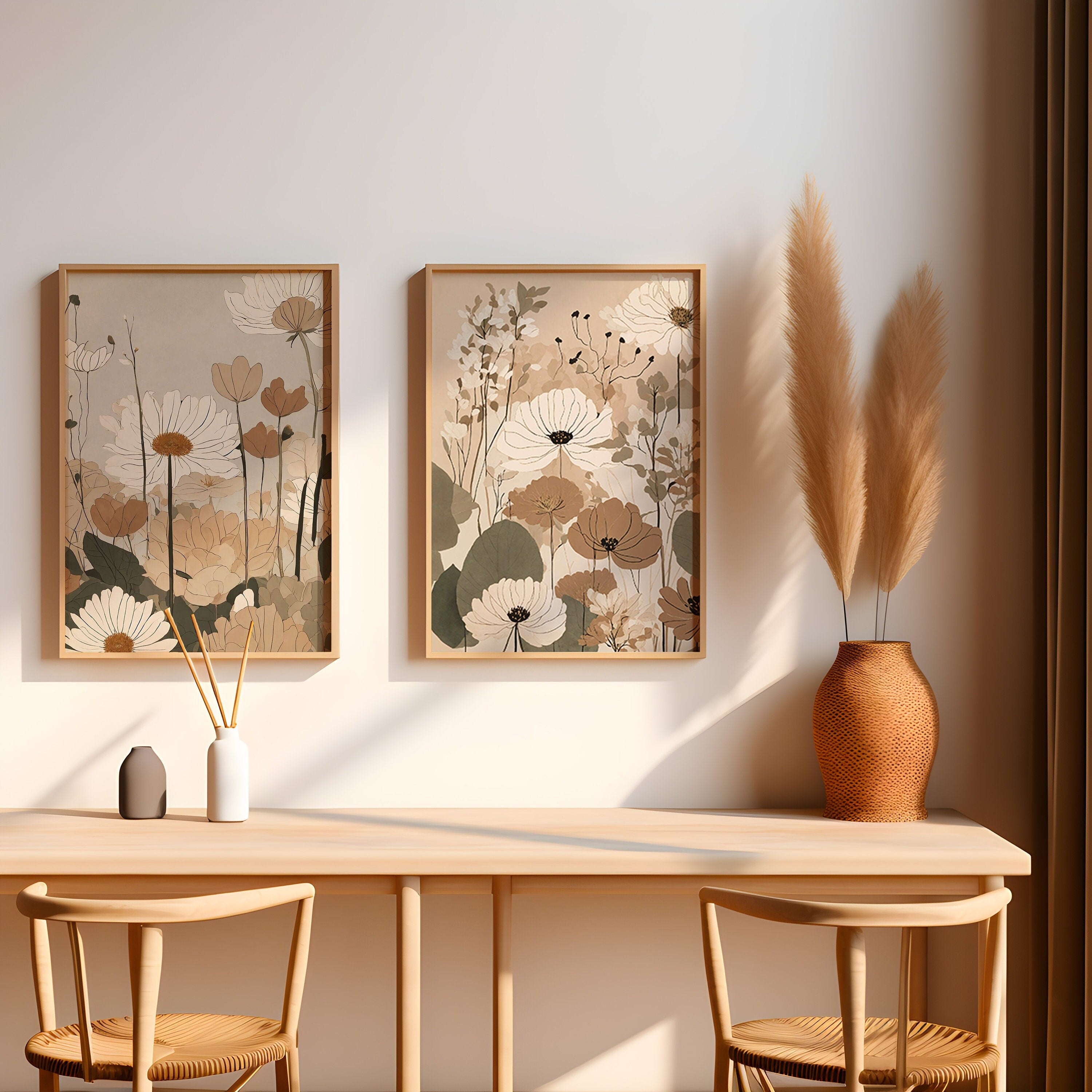 Japandi Floral Wall Art Prints Set in neutral colors and minimalist design