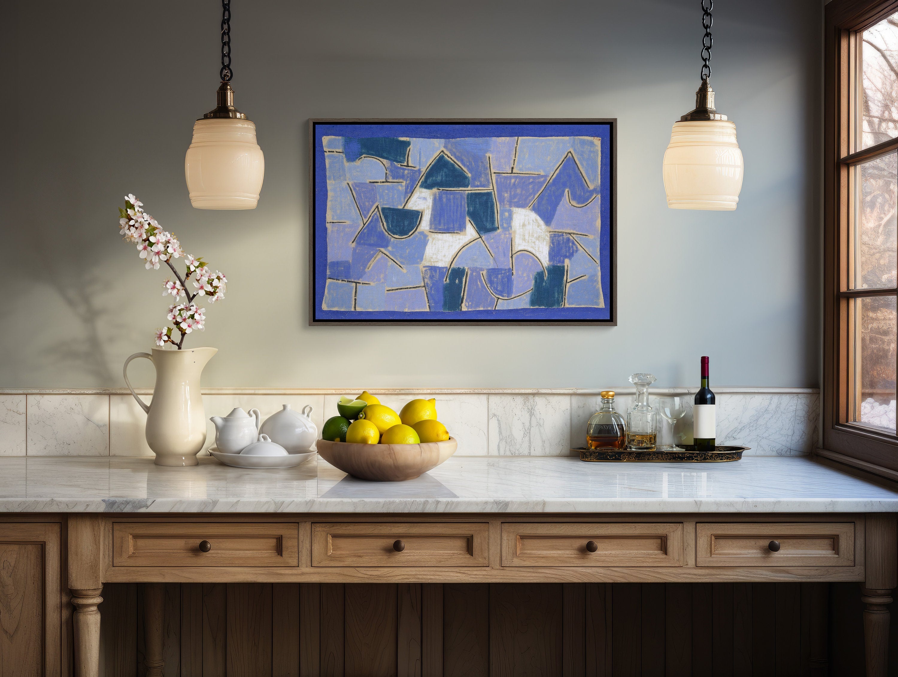  High-quality reproduction of Paul Klee's Blue Night artwork on a large canvas print, perfect for adding a touch of sophistication to any room