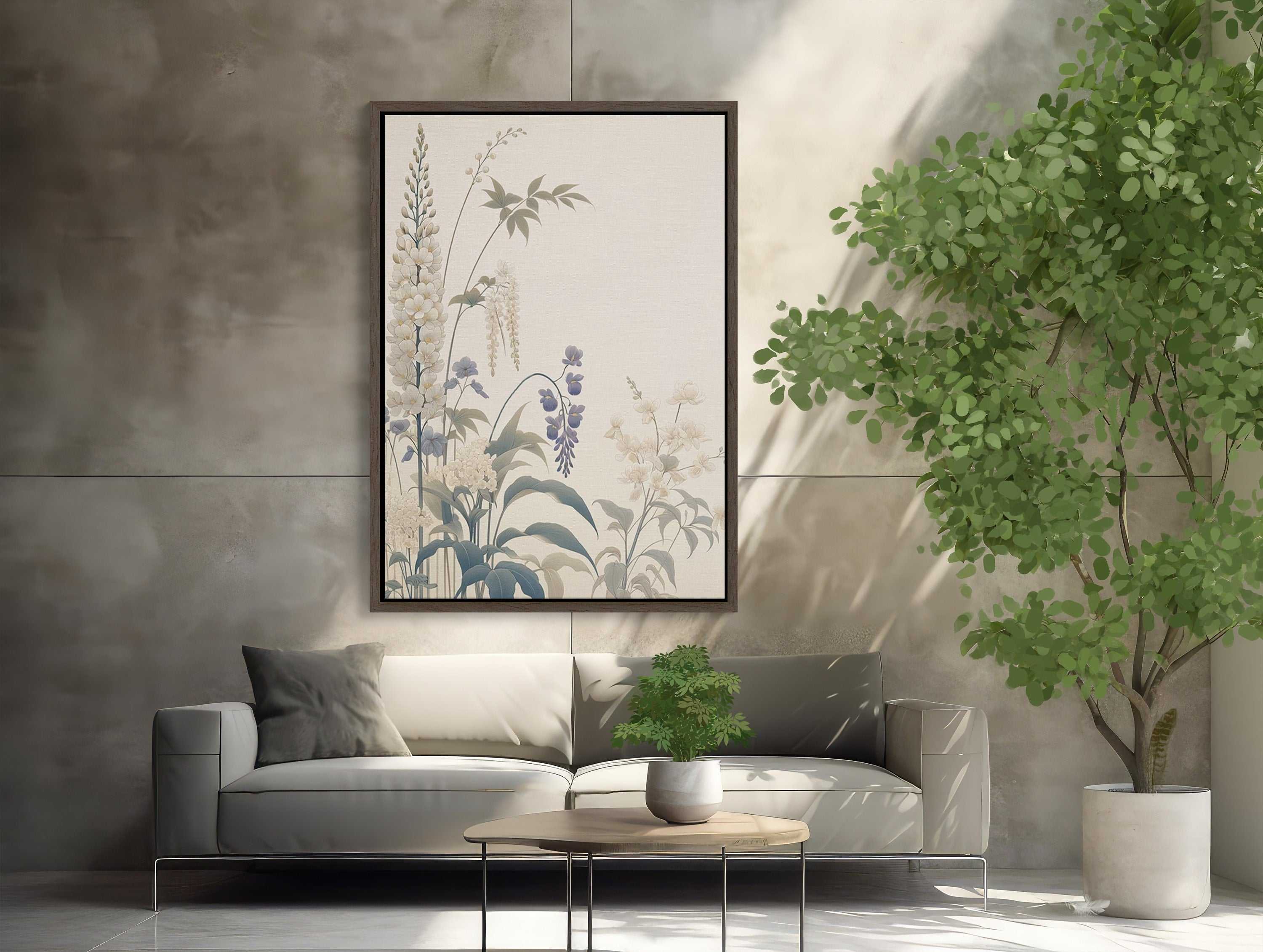 Japandi Large Floral Framed Canvas Print with Cherry Blossoms and Bamboo