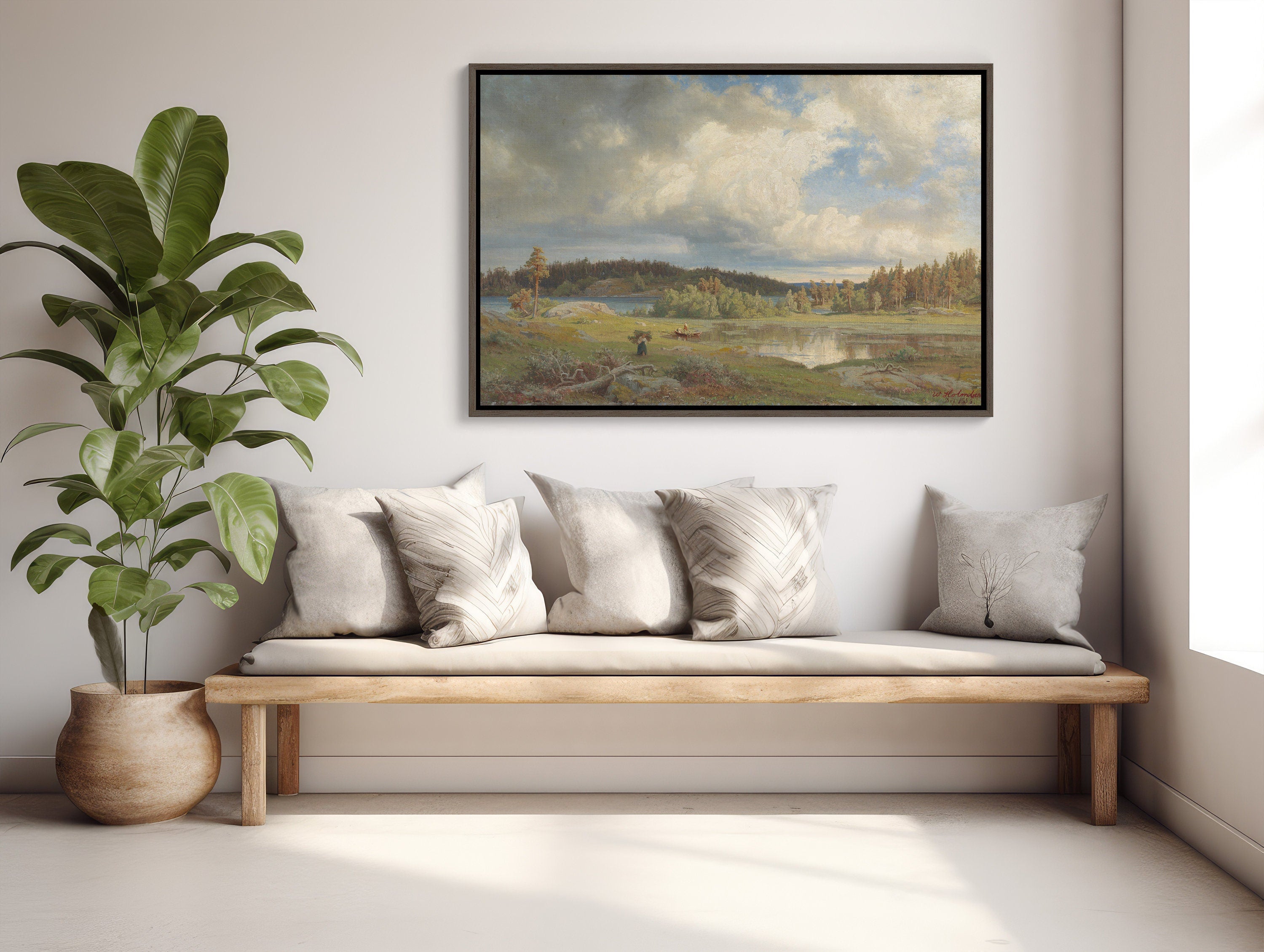 Large canvas print of a stunning landscape by Werner Holmberg, featuring a serene morning scene with vibrant colors and intricate details