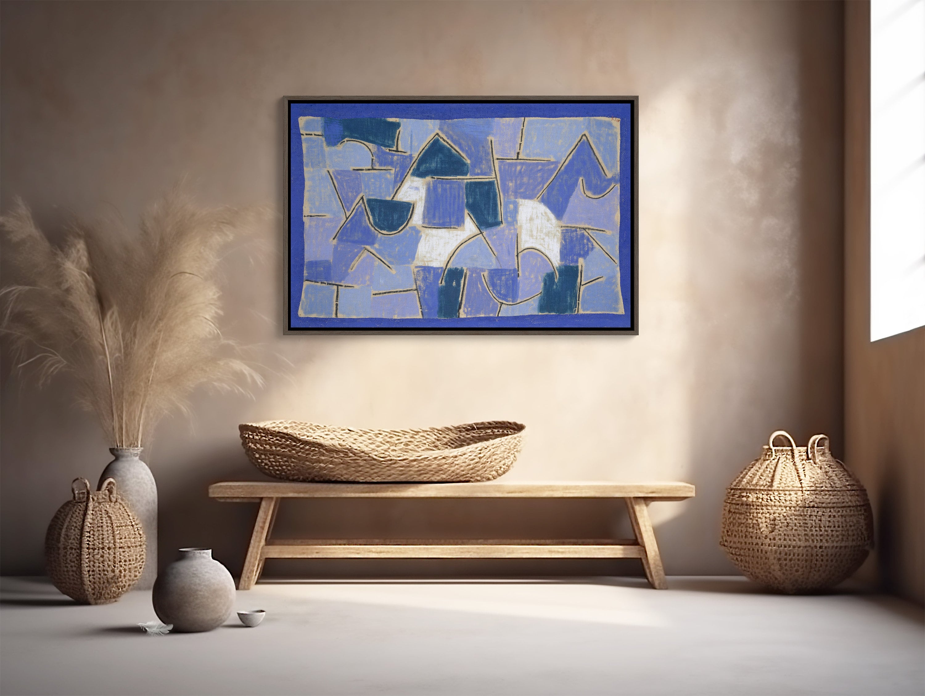 Large canvas print of Paul Klee's Blue Night painting with vibrant blue hues and intricate geometric shapes