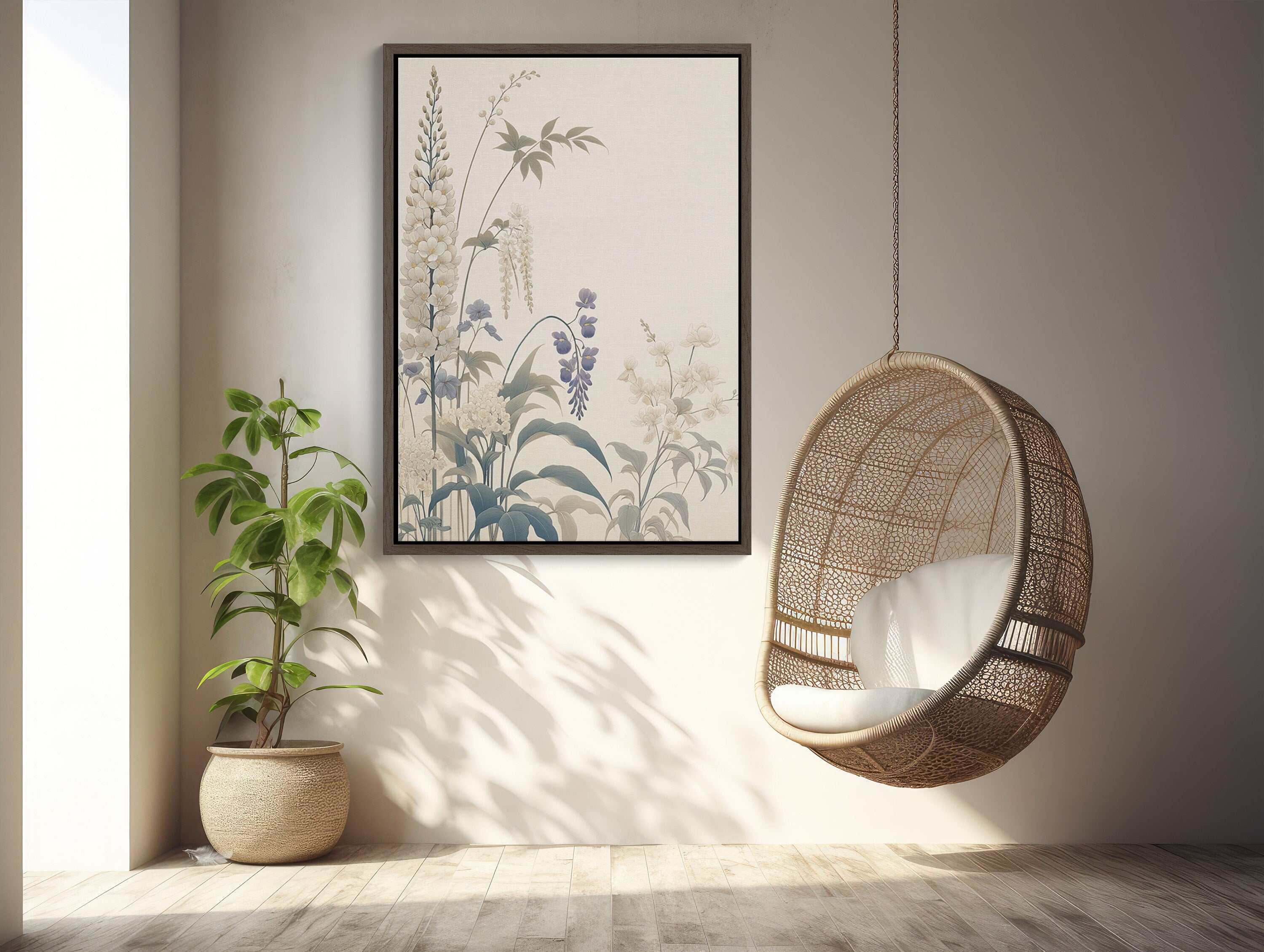 Framed canvas print of Japandi wall art with floral design