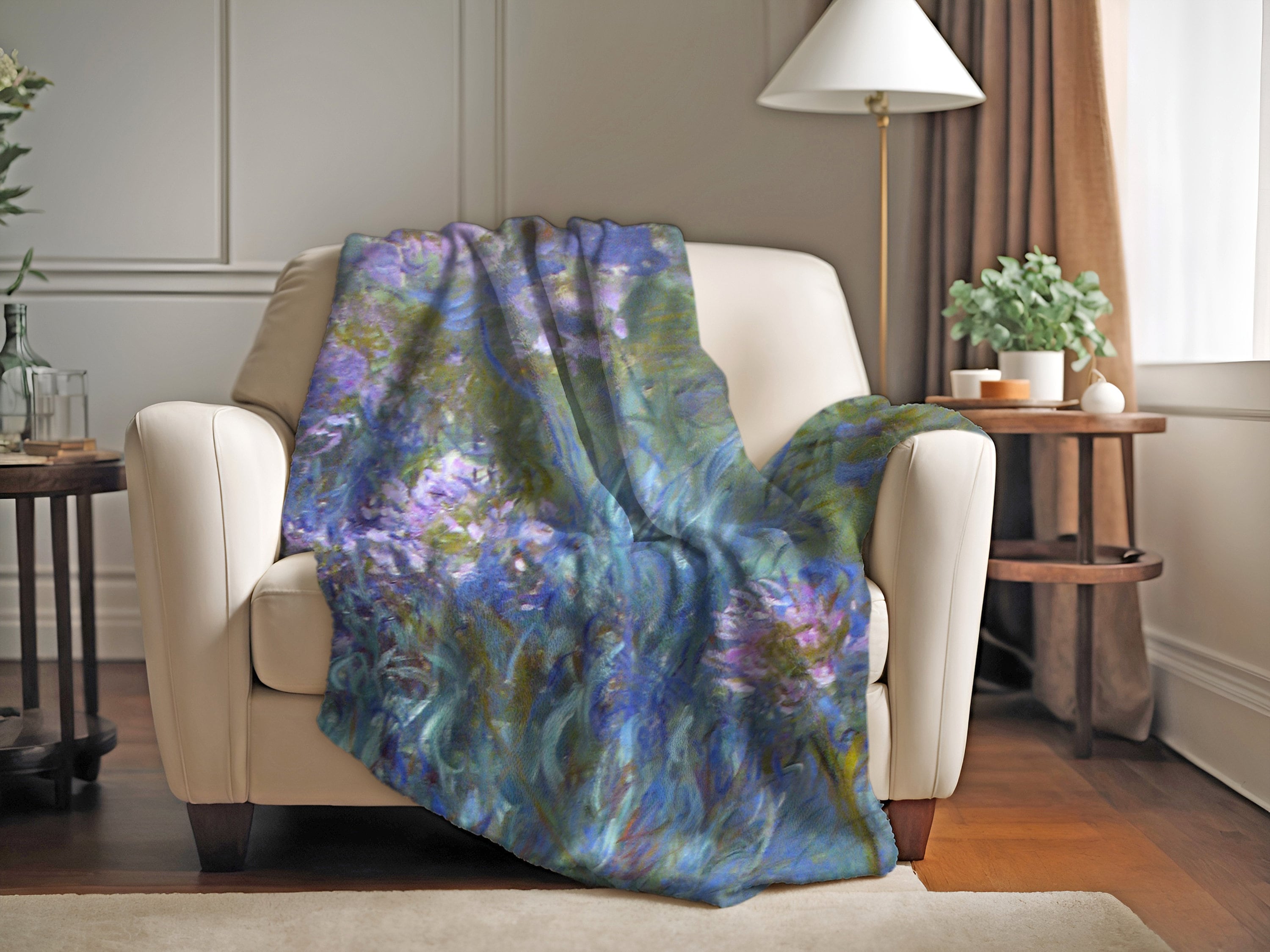 Soft and luxurious Monet Agapantha plush velveteen throw blanket in elegant design